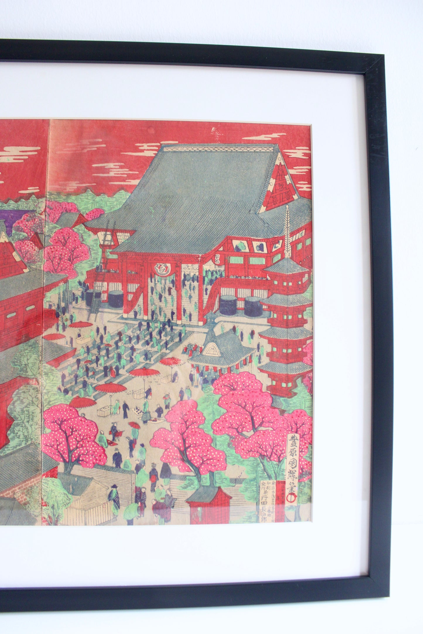 Antique Japanese Kuniteru Woodblock Print Triptych – Asakusa Temple, Tokyo, 1892 - On Hold