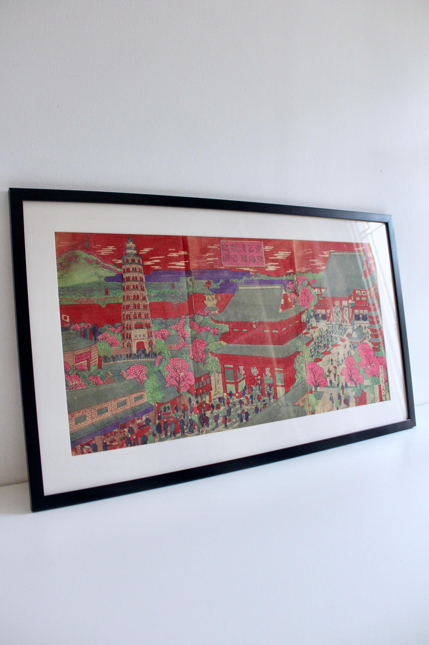 Antique Japanese Kuniteru Woodblock Print Triptych – Asakusa Temple, Tokyo, 1892 - On Hold