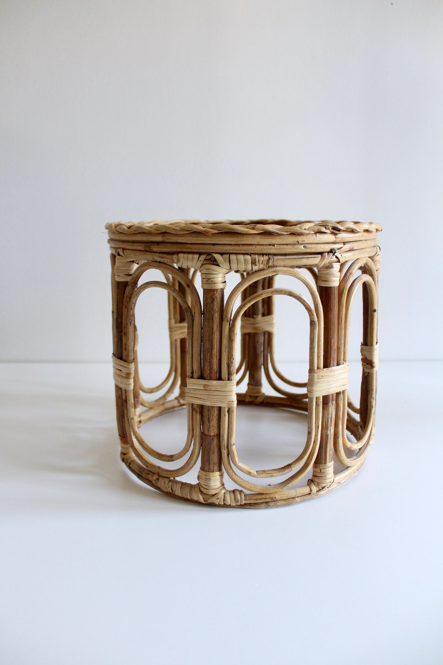 Vintage Rattan Plant Stand / Side Table – 1970s–80s