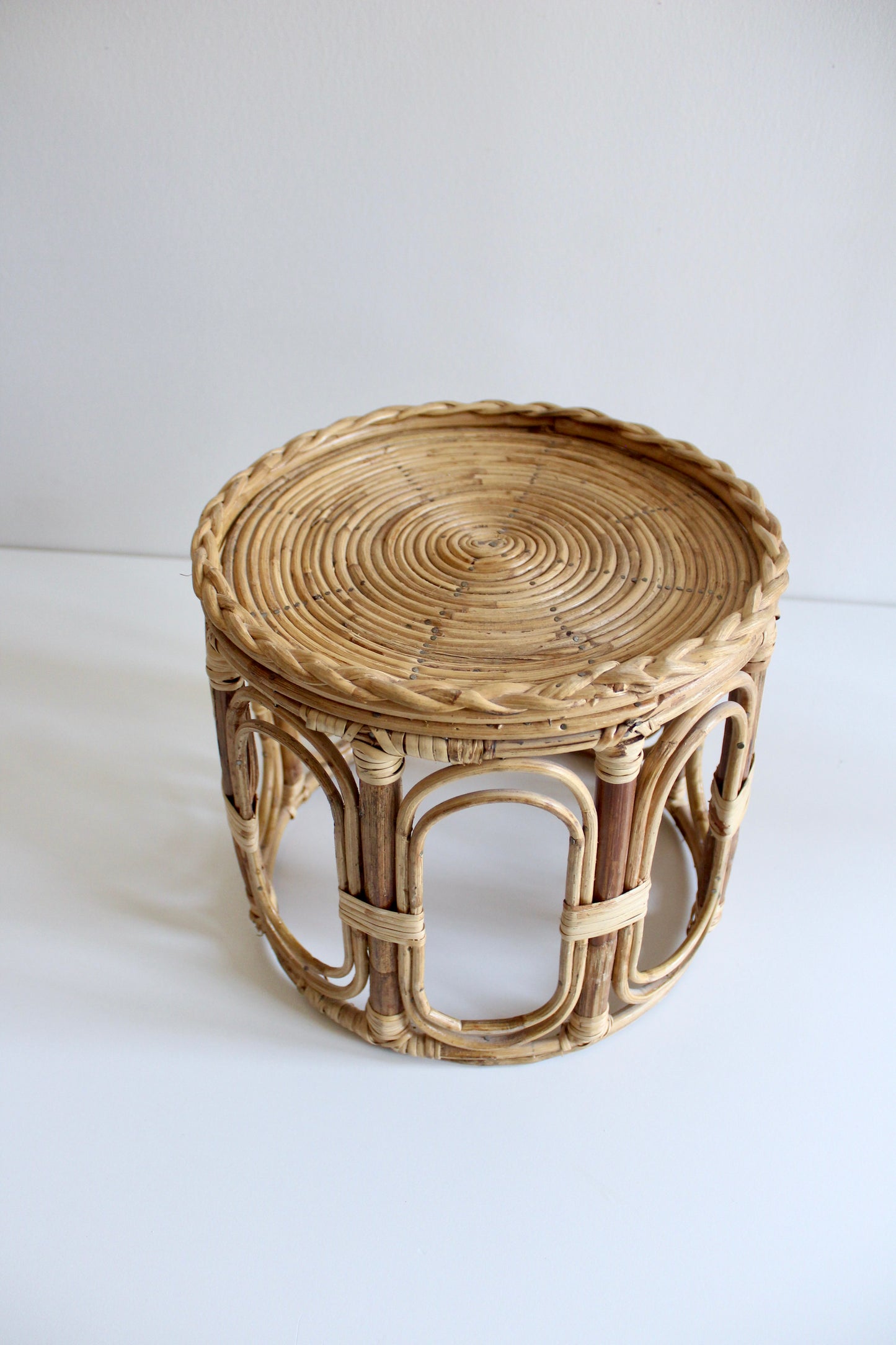 Vintage Rattan Plant Stand / Side Table – 1970s–80s
