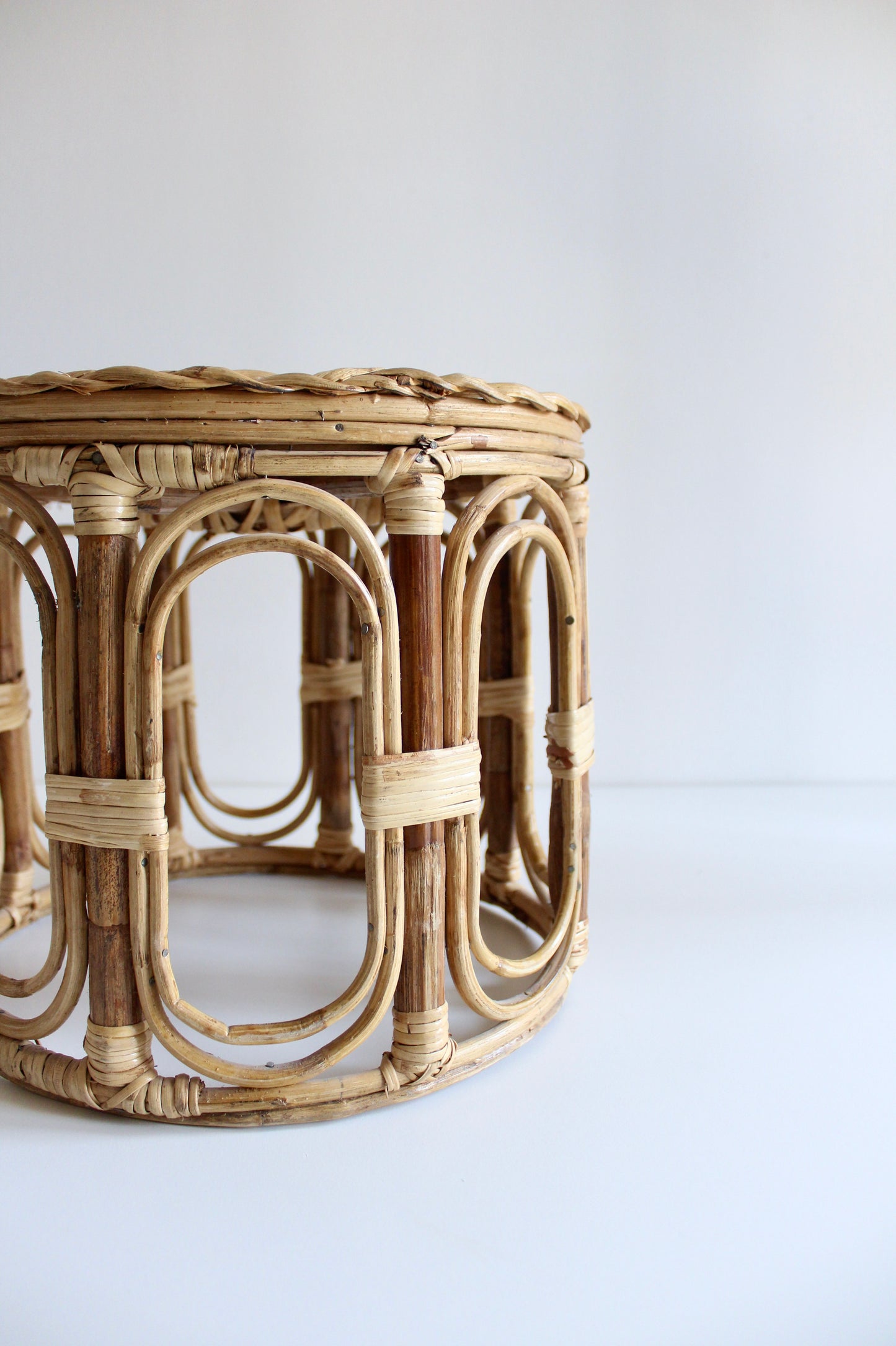 Vintage Rattan Plant Stand / Side Table – 1970s–80s