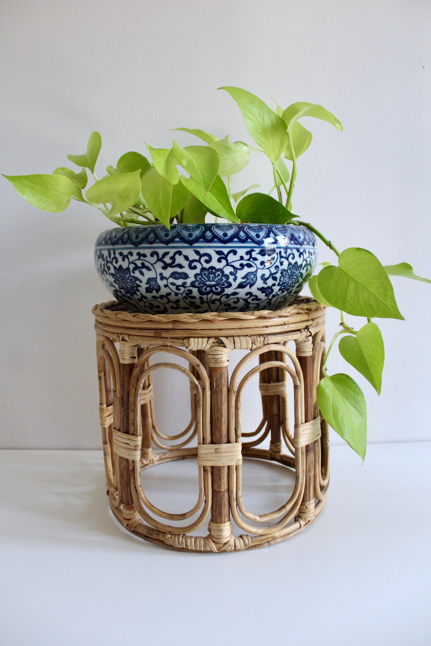 Vintage Rattan Plant Stand / Side Table – 1970s–80s