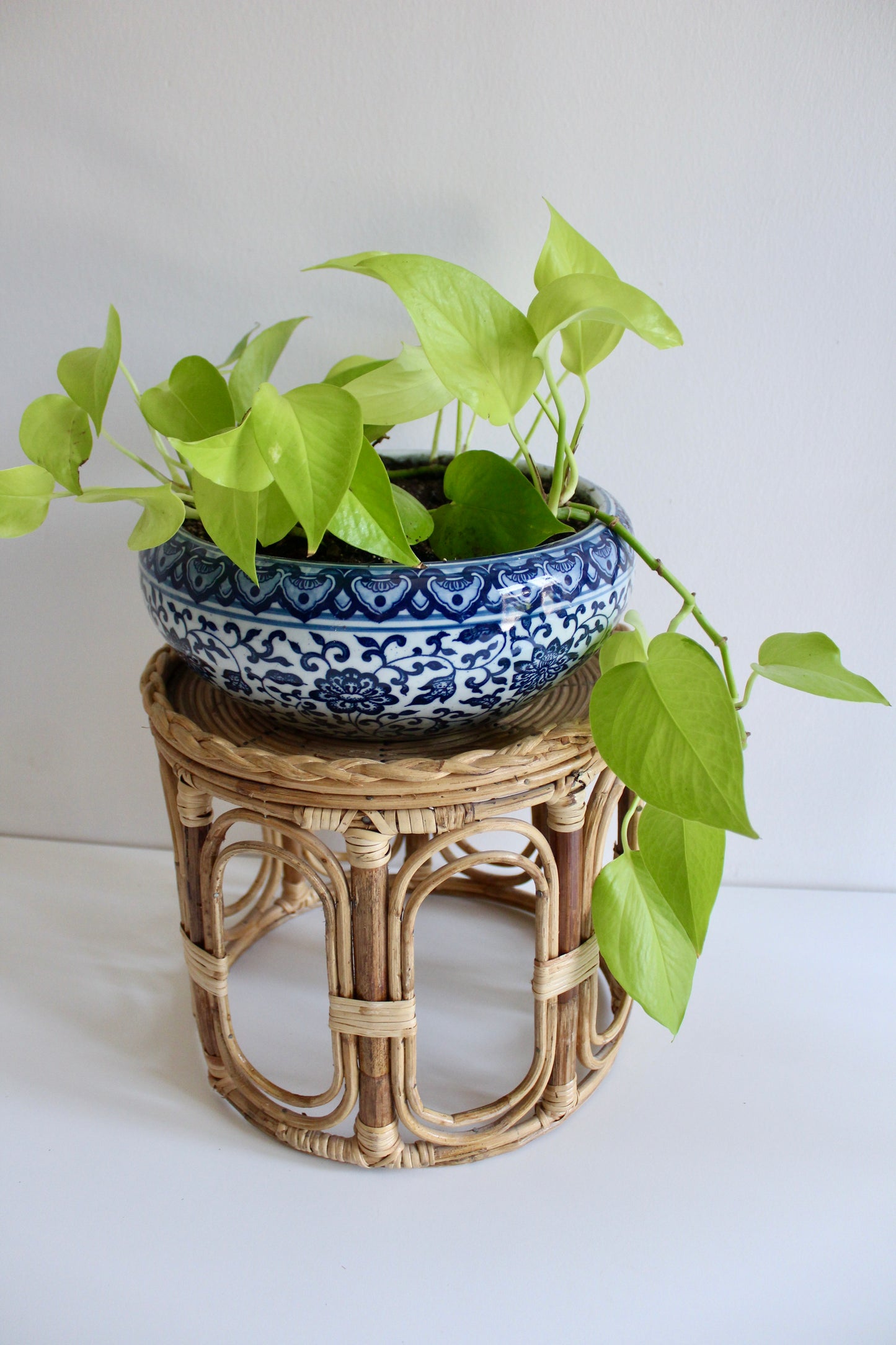 Vintage Rattan Plant Stand / Side Table – 1970s–80s