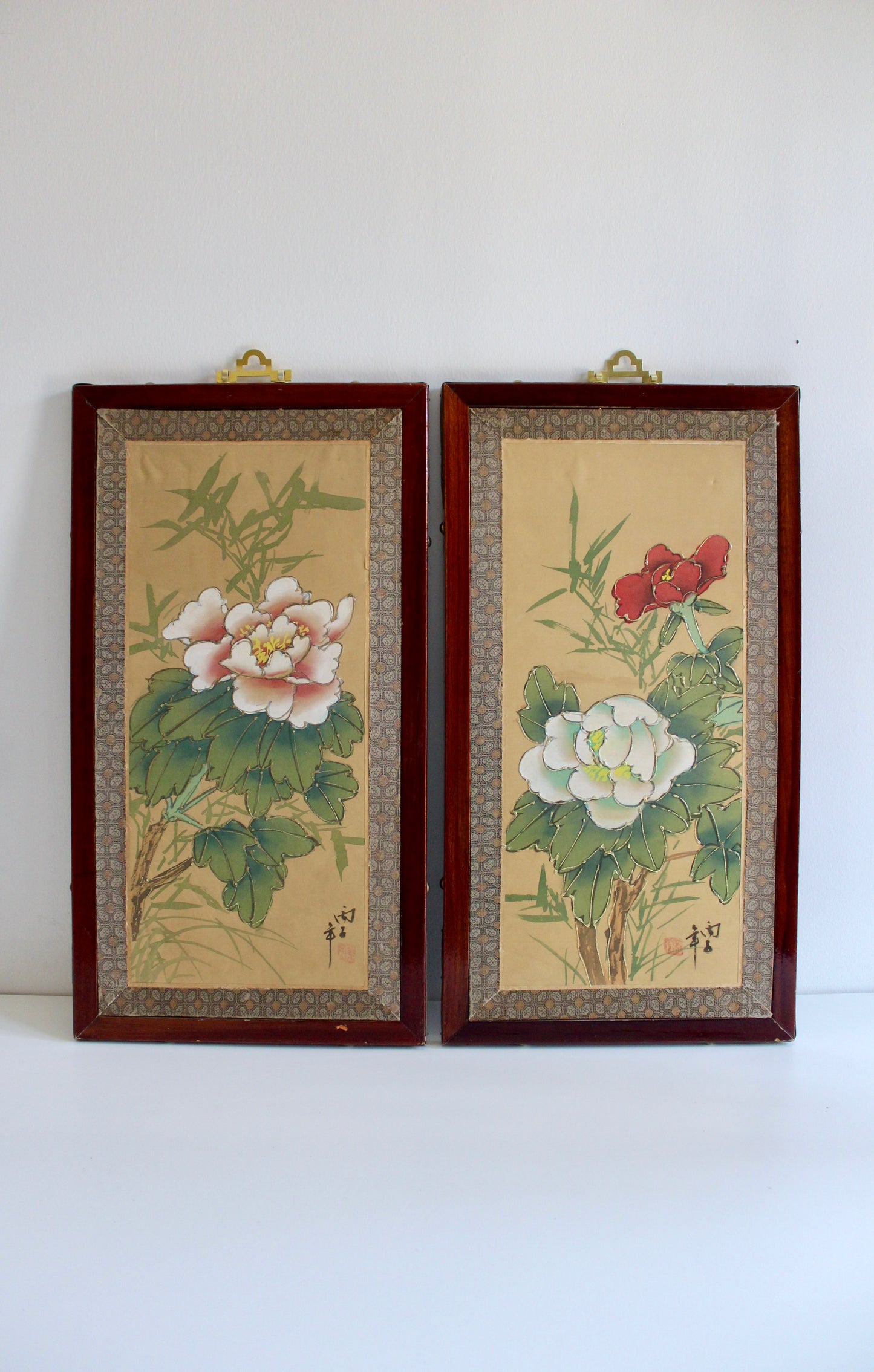 Pair of Vintage Chinese Floral Paintings on Silk – Peonies & Bamboo