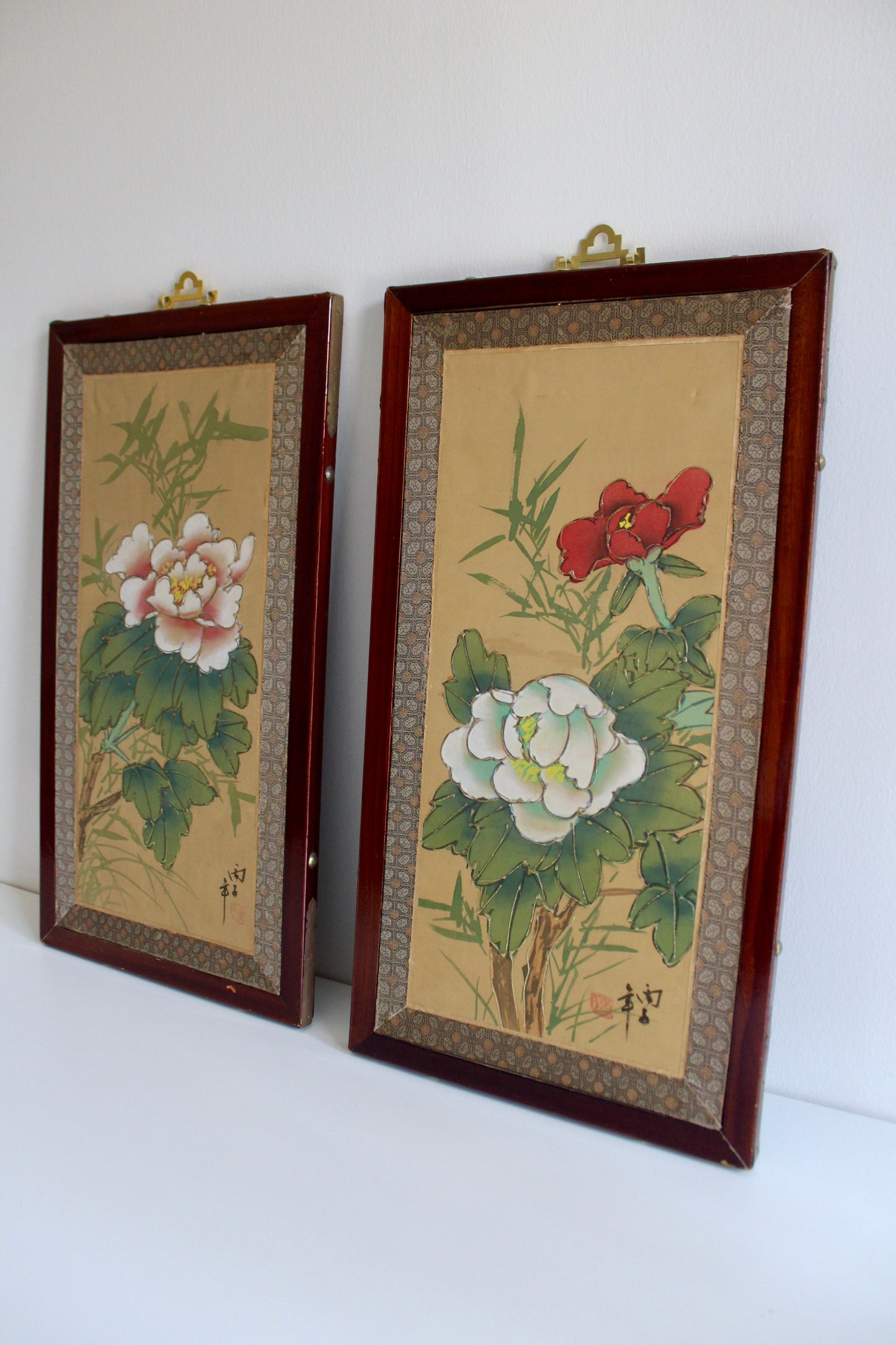 Pair of Vintage Chinese Floral Paintings on Silk – Peonies & Bamboo