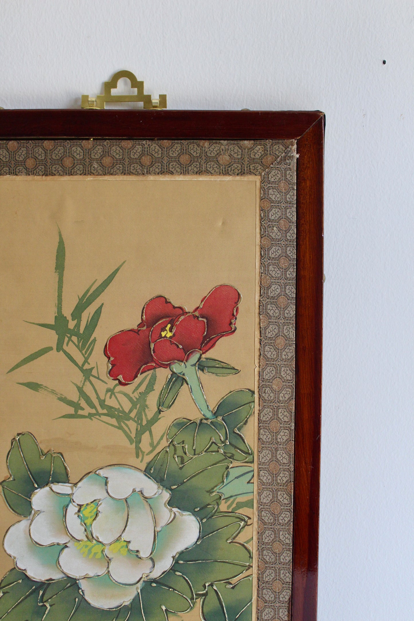 Pair of Vintage Chinese Floral Paintings on Silk – Peonies & Bamboo