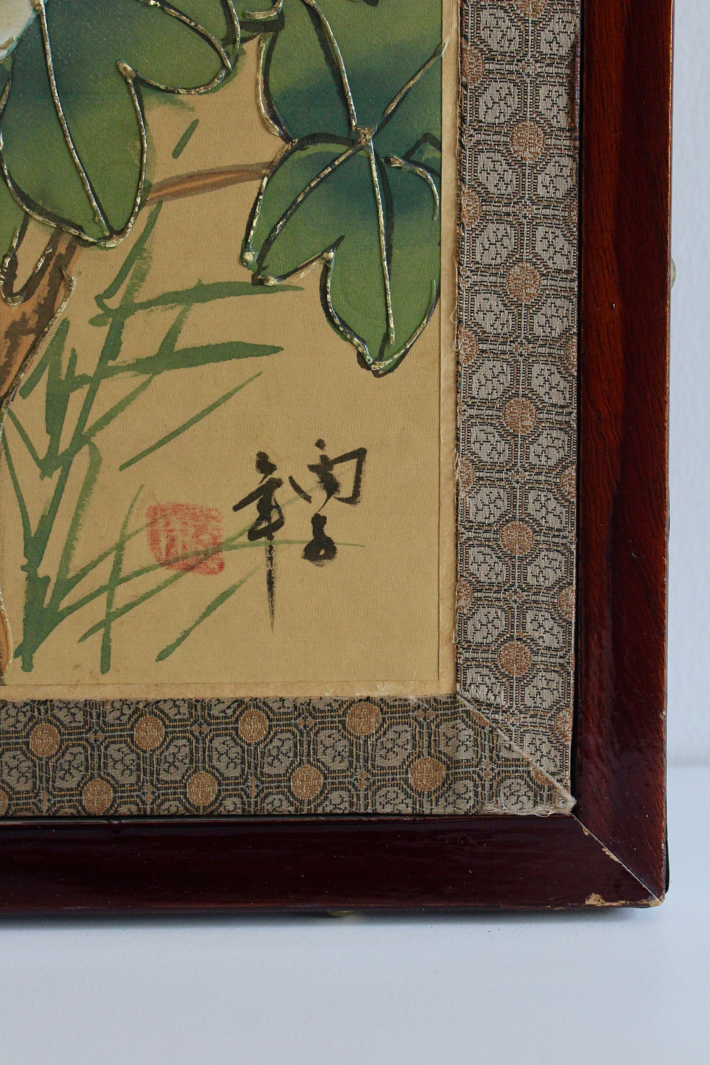 Pair of Vintage Chinese Floral Paintings on Silk – Peonies & Bamboo