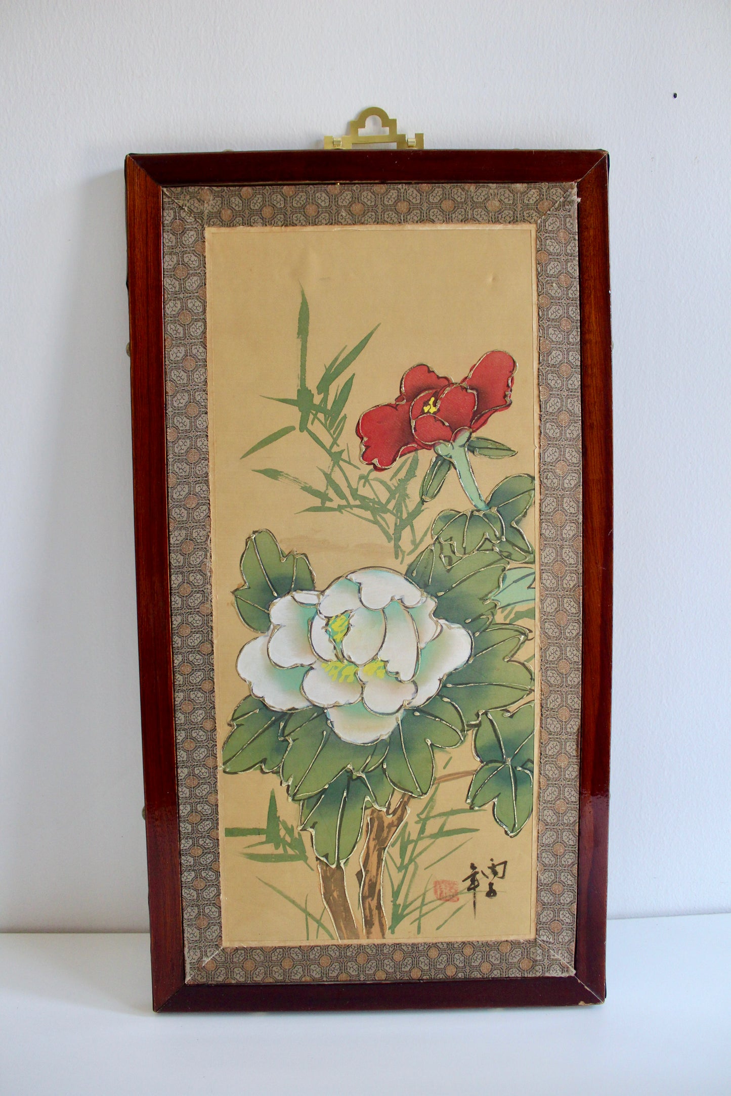 Pair of Vintage Chinese Floral Paintings on Silk – Peonies & Bamboo