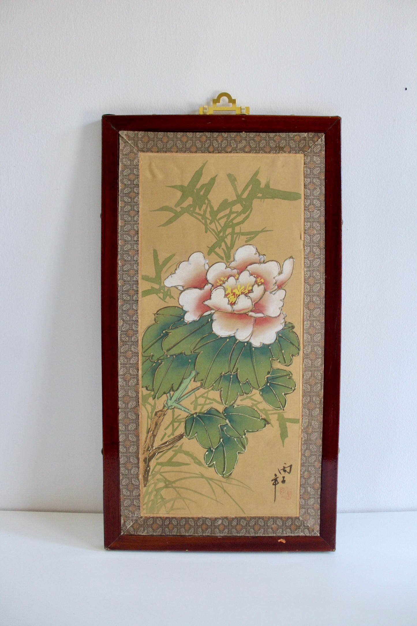 Pair of Vintage Chinese Floral Paintings on Silk – Peonies & Bamboo