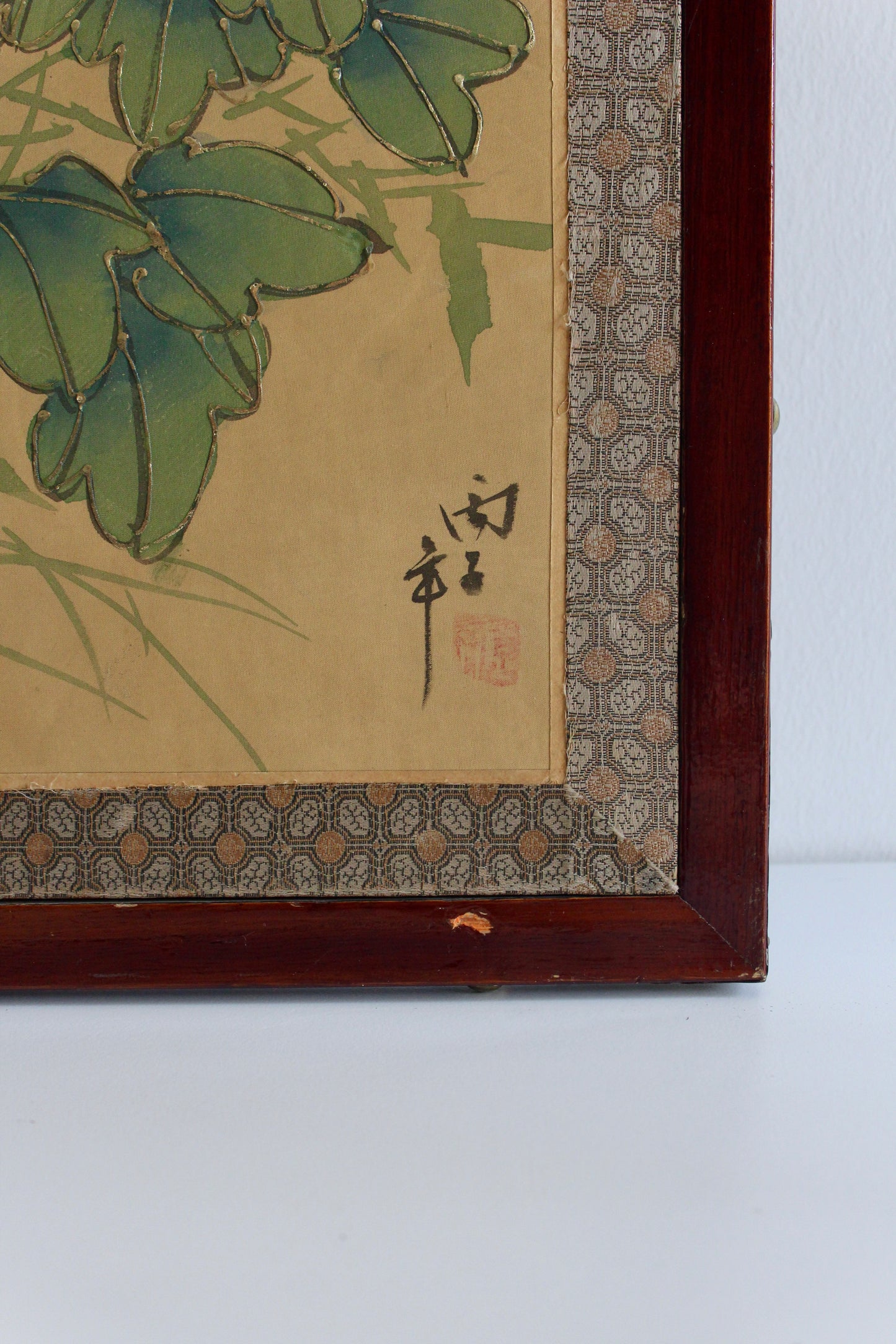 Pair of Vintage Chinese Floral Paintings on Silk – Peonies & Bamboo