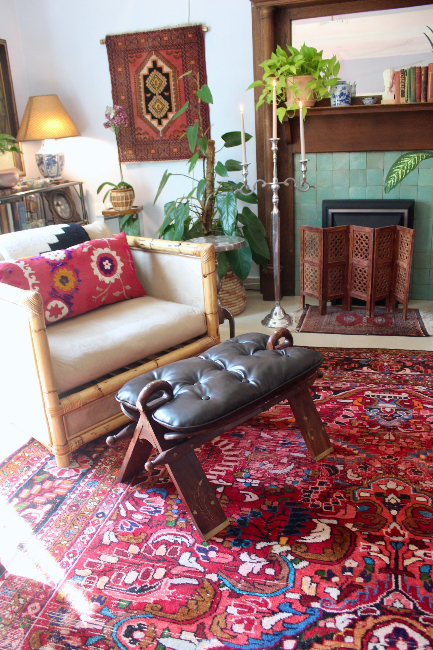 Vintage Pakistani Wood Footstool with Inlay & Tufted Cushion