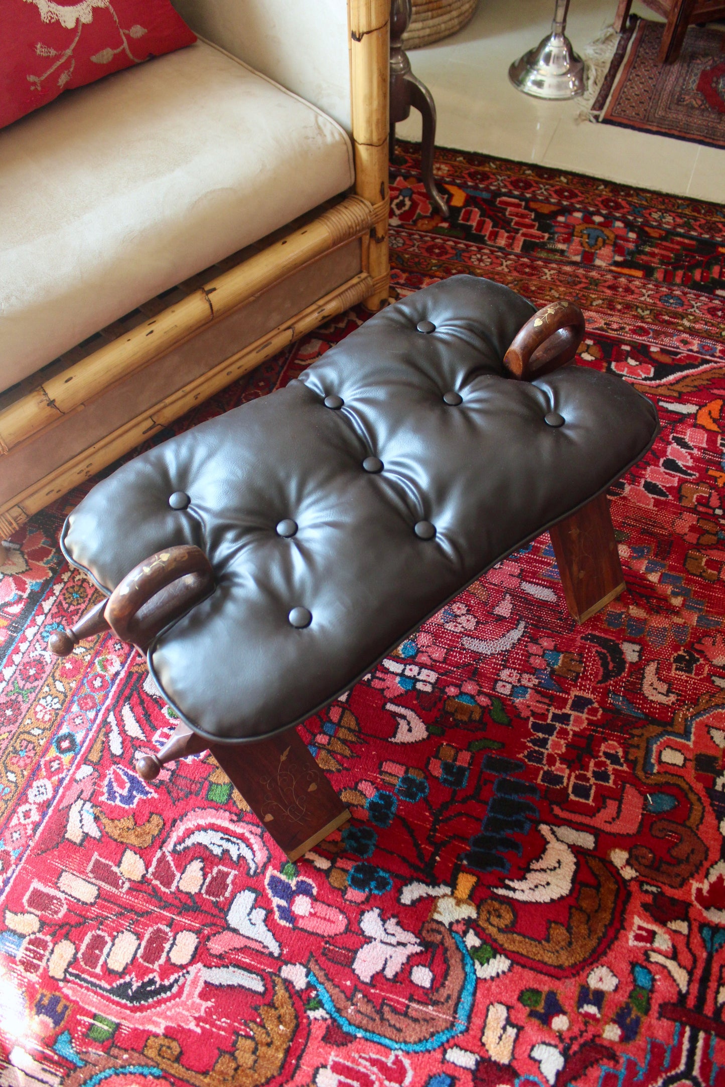 Vintage Pakistani Wood Footstool with Inlay & Tufted Cushion