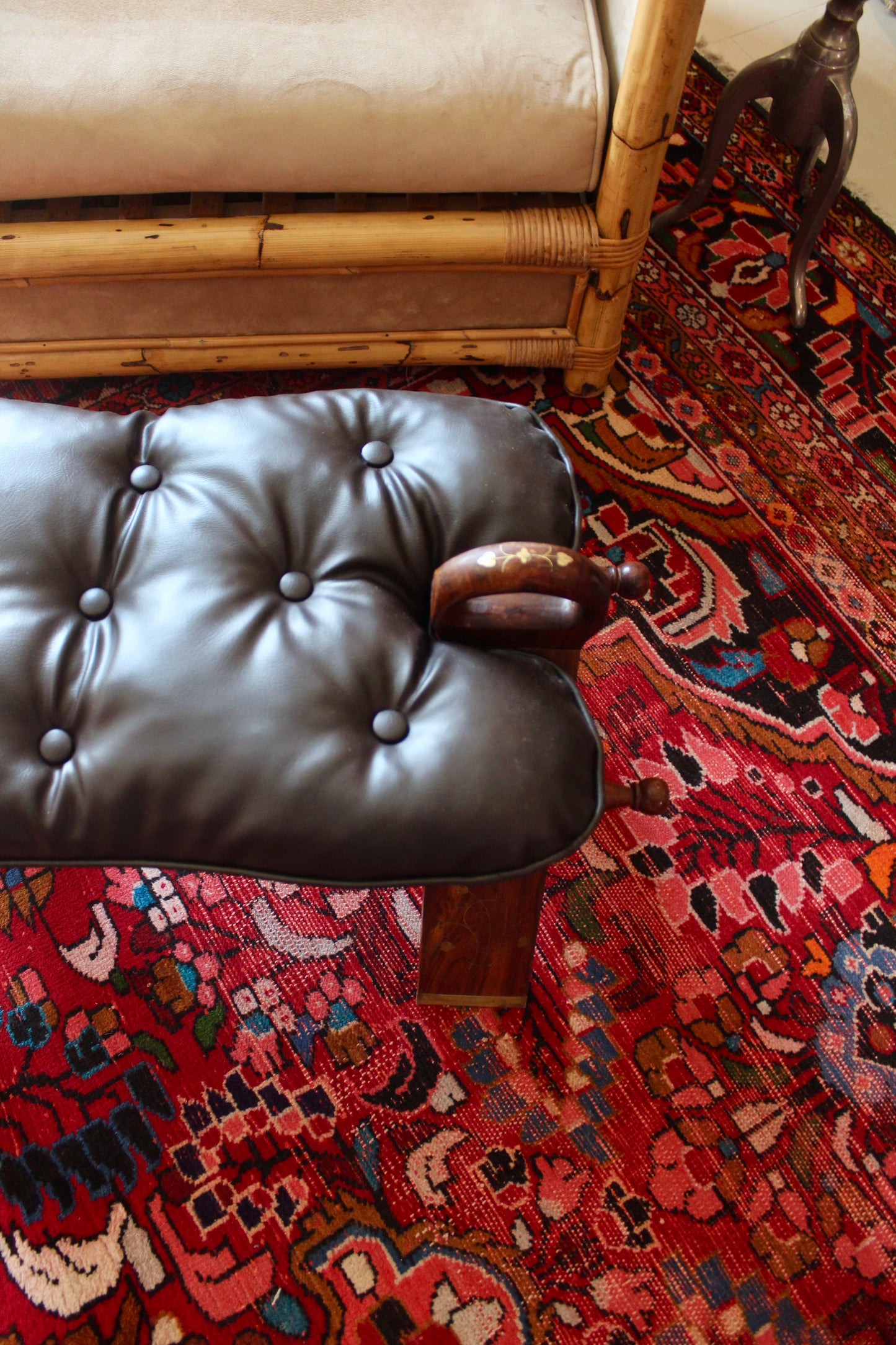 Vintage Pakistani Wood Footstool with Inlay & Tufted Cushion