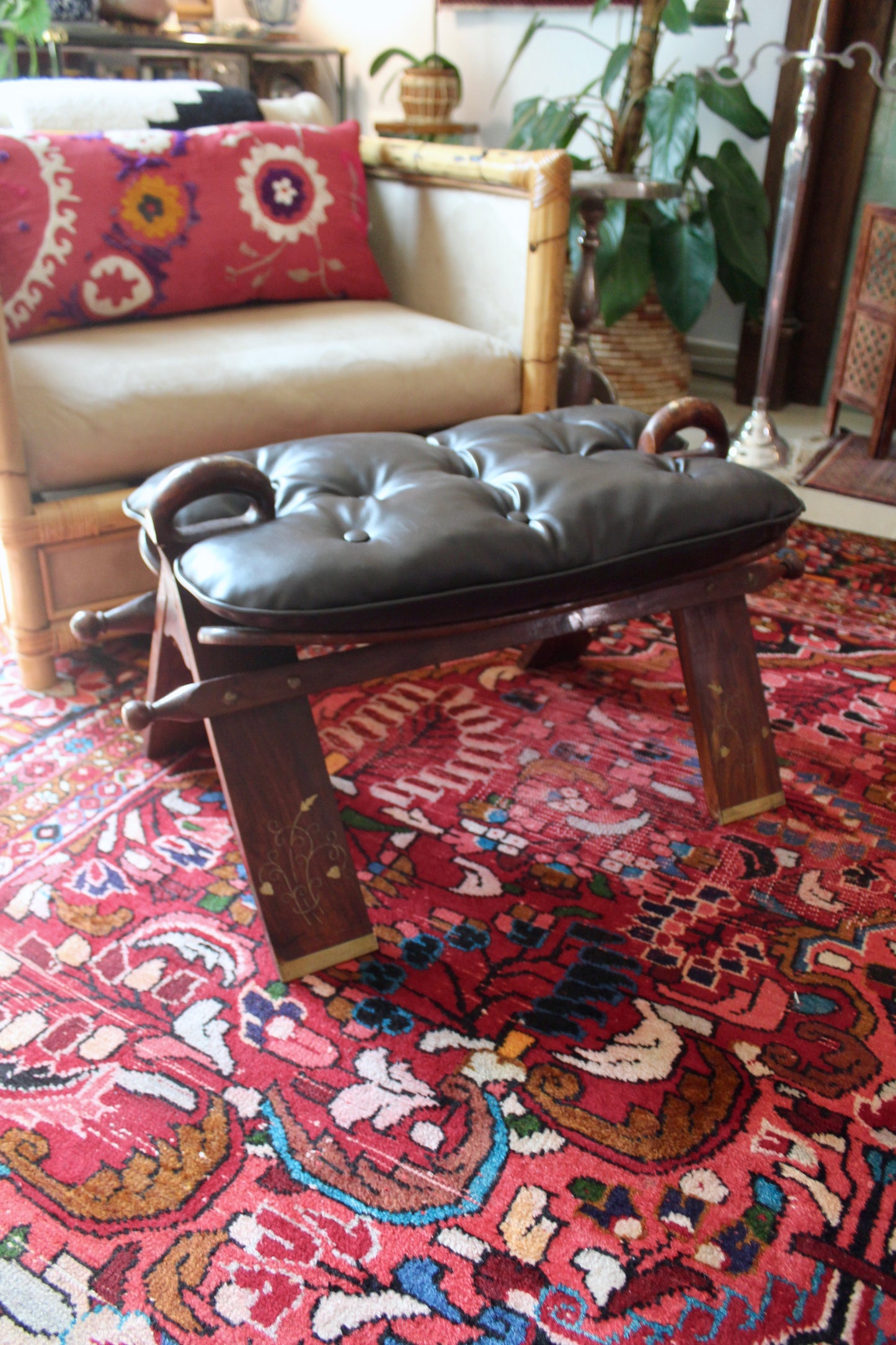 Vintage Pakistani Wood Footstool with Inlay & Tufted Cushion