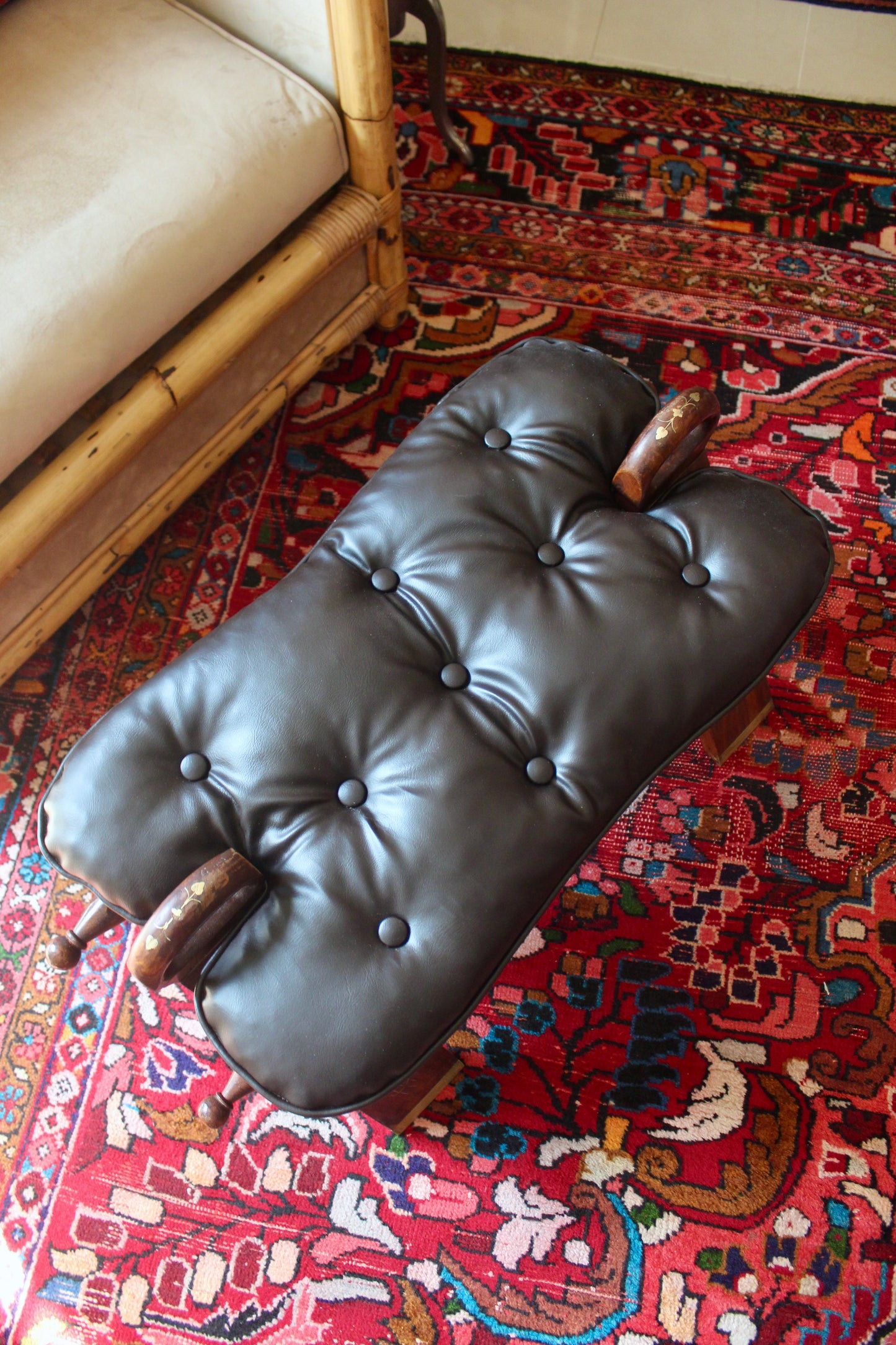 Vintage Pakistani Wood Footstool with Inlay & Tufted Cushion
