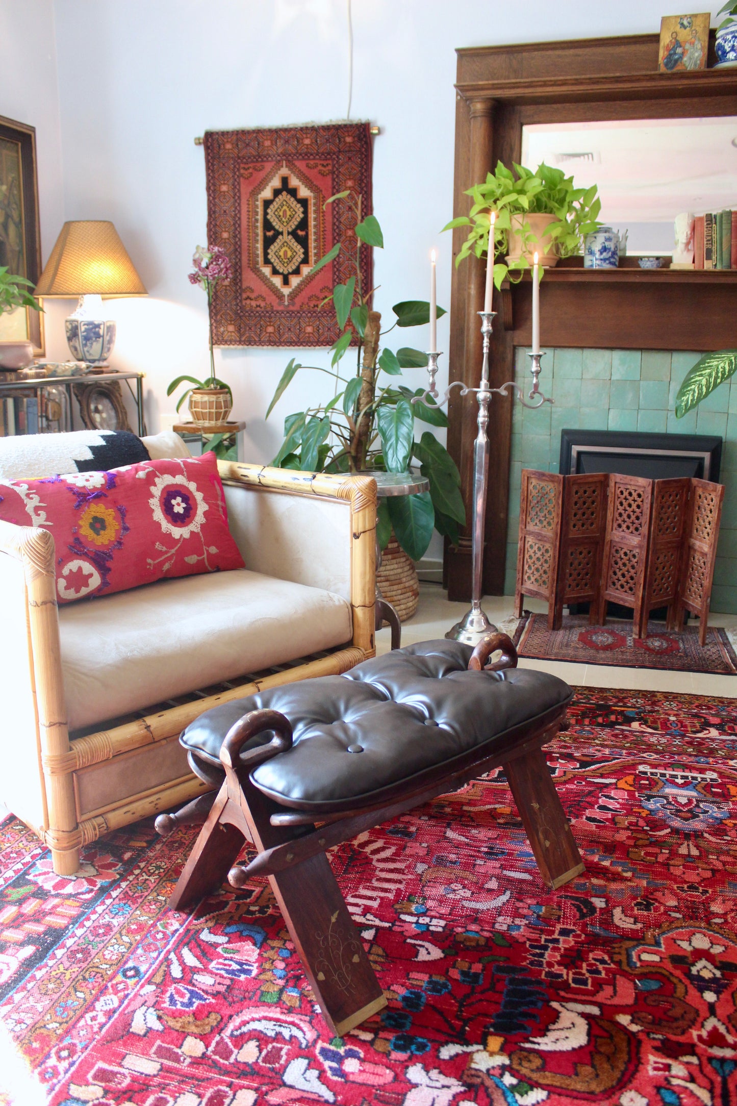 Vintage Pakistani Wood Footstool with Inlay & Tufted Cushion