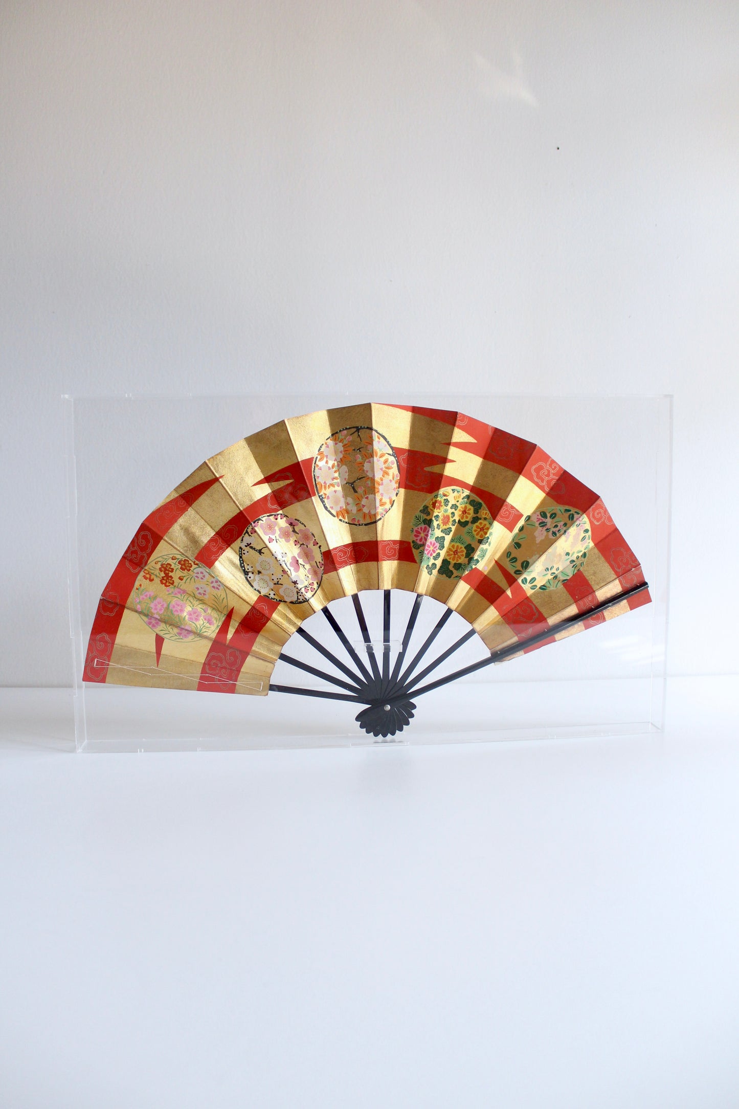 Vintage Japanese Hand-Painted Folding Fan in Plexiglass Display