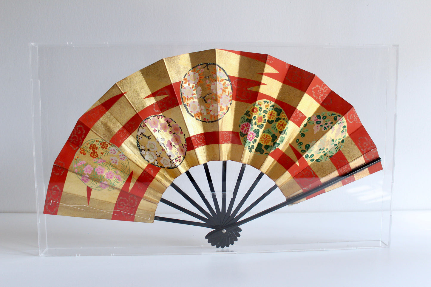 Vintage Japanese Hand-Painted Folding Fan in Plexiglass Display