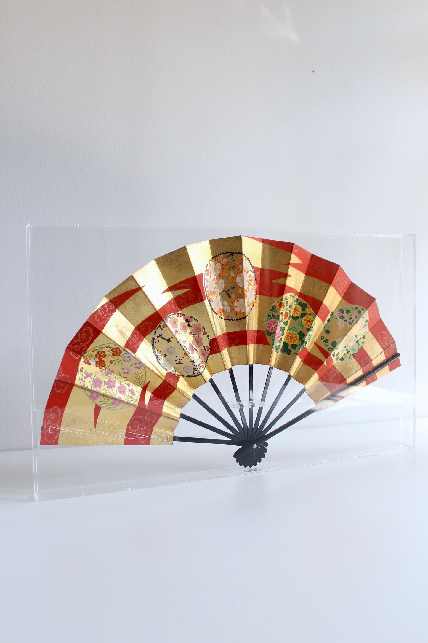 Vintage Japanese Hand-Painted Folding Fan in Plexiglass Display