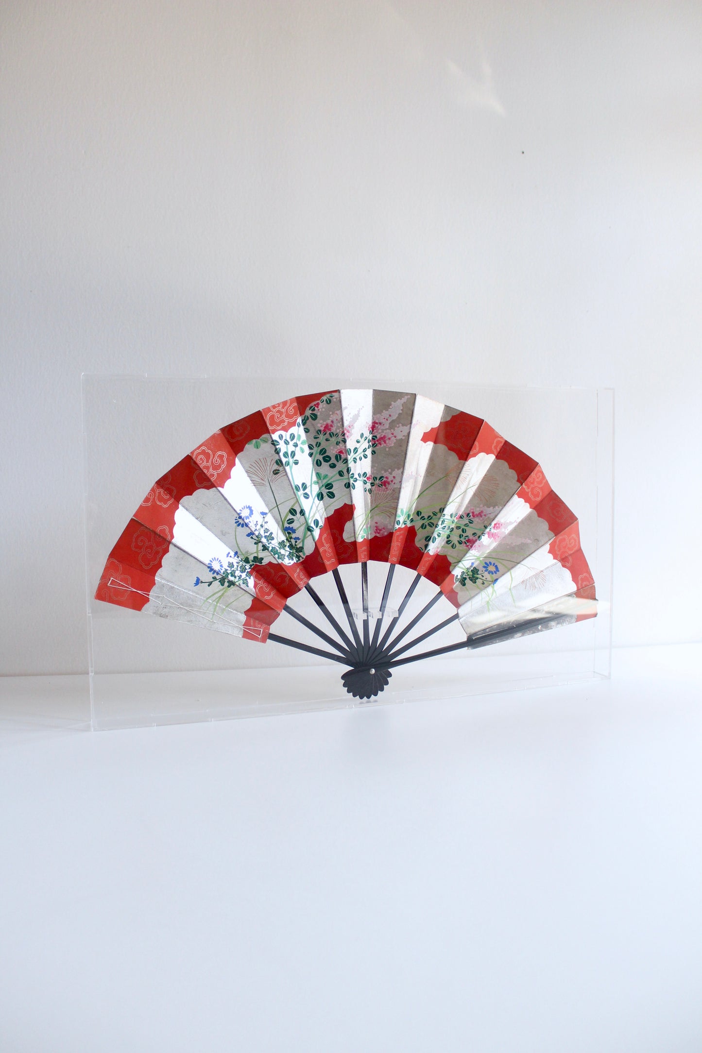 Vintage Japanese Hand-Painted Folding Fan in Plexiglass Display