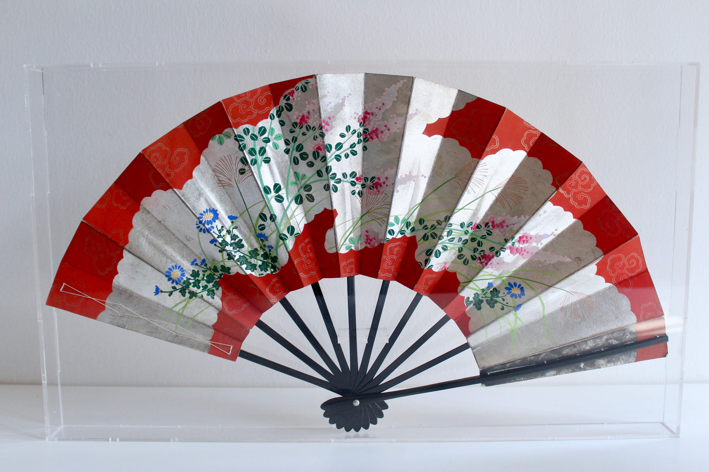 Vintage Japanese Hand-Painted Folding Fan in Plexiglass Display