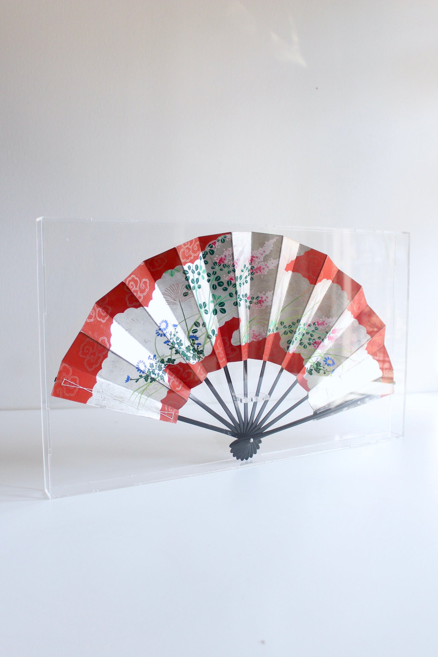 Vintage Japanese Hand-Painted Folding Fan in Plexiglass Display