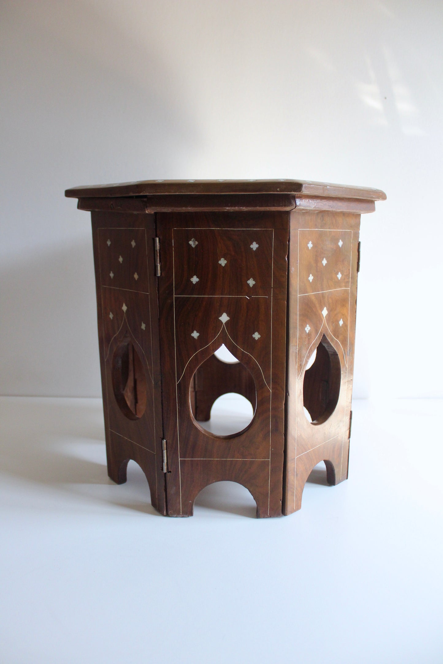 Vintage Octagonal Wood & Bone Inlay Folding Side Table