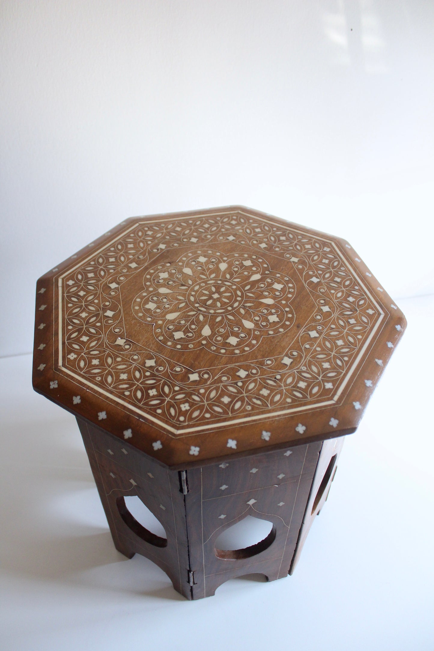 Vintage Octagonal Wood & Bone Inlay Folding Side Table