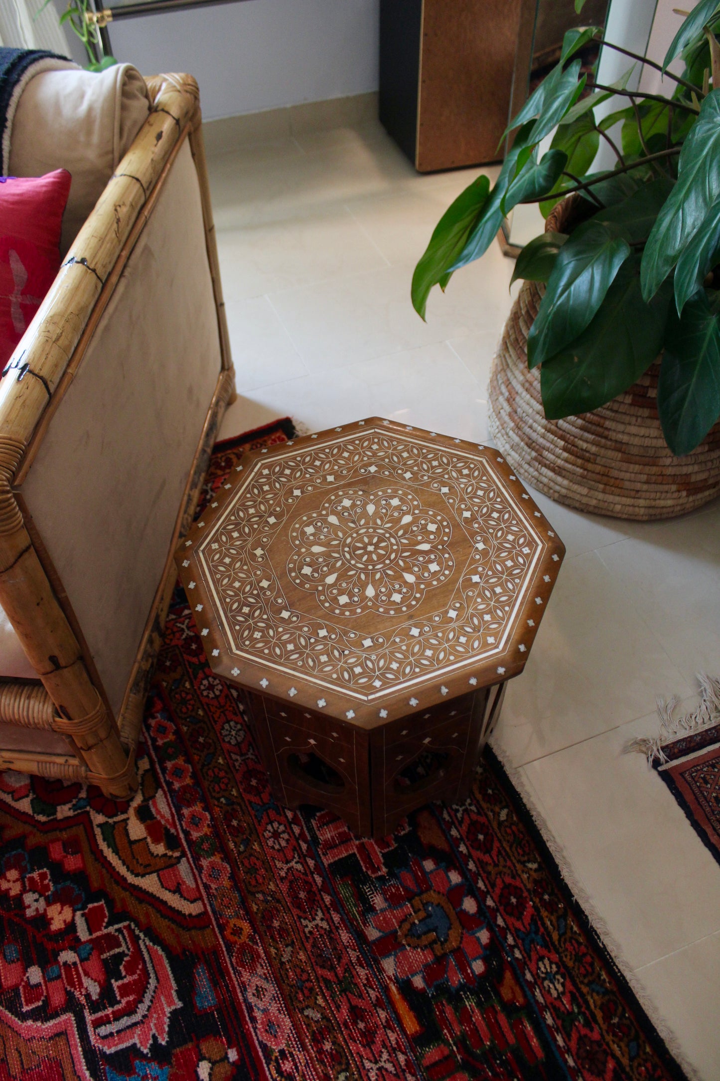 Vintage Octagonal Wood & Bone Inlay Folding Side Table