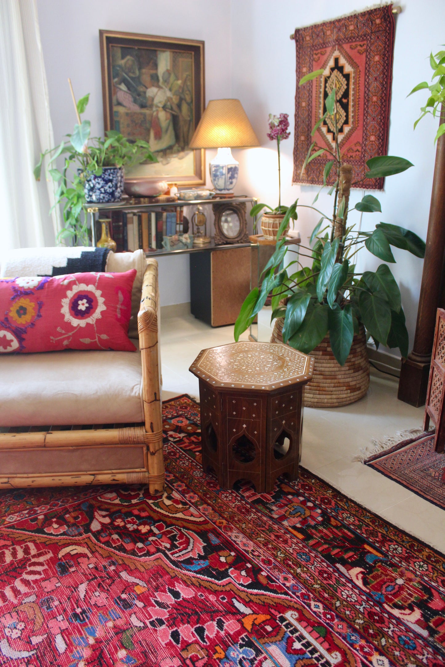 Vintage Octagonal Wood & Bone Inlay Folding Side Table