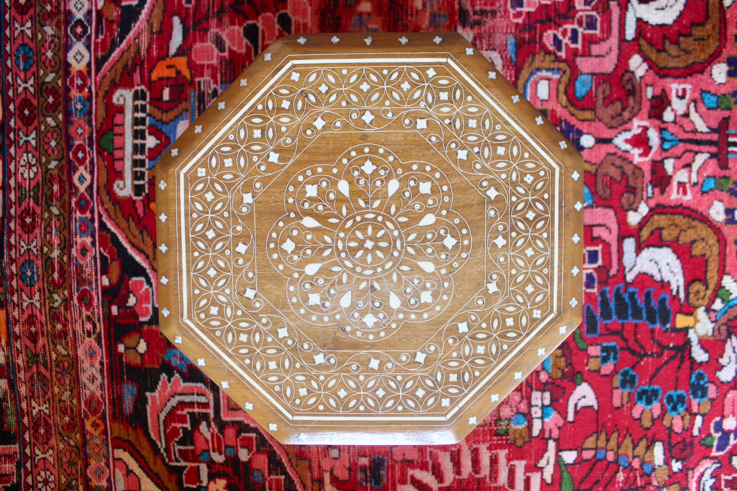Vintage Octagonal Wood & Bone Inlay Folding Side Table