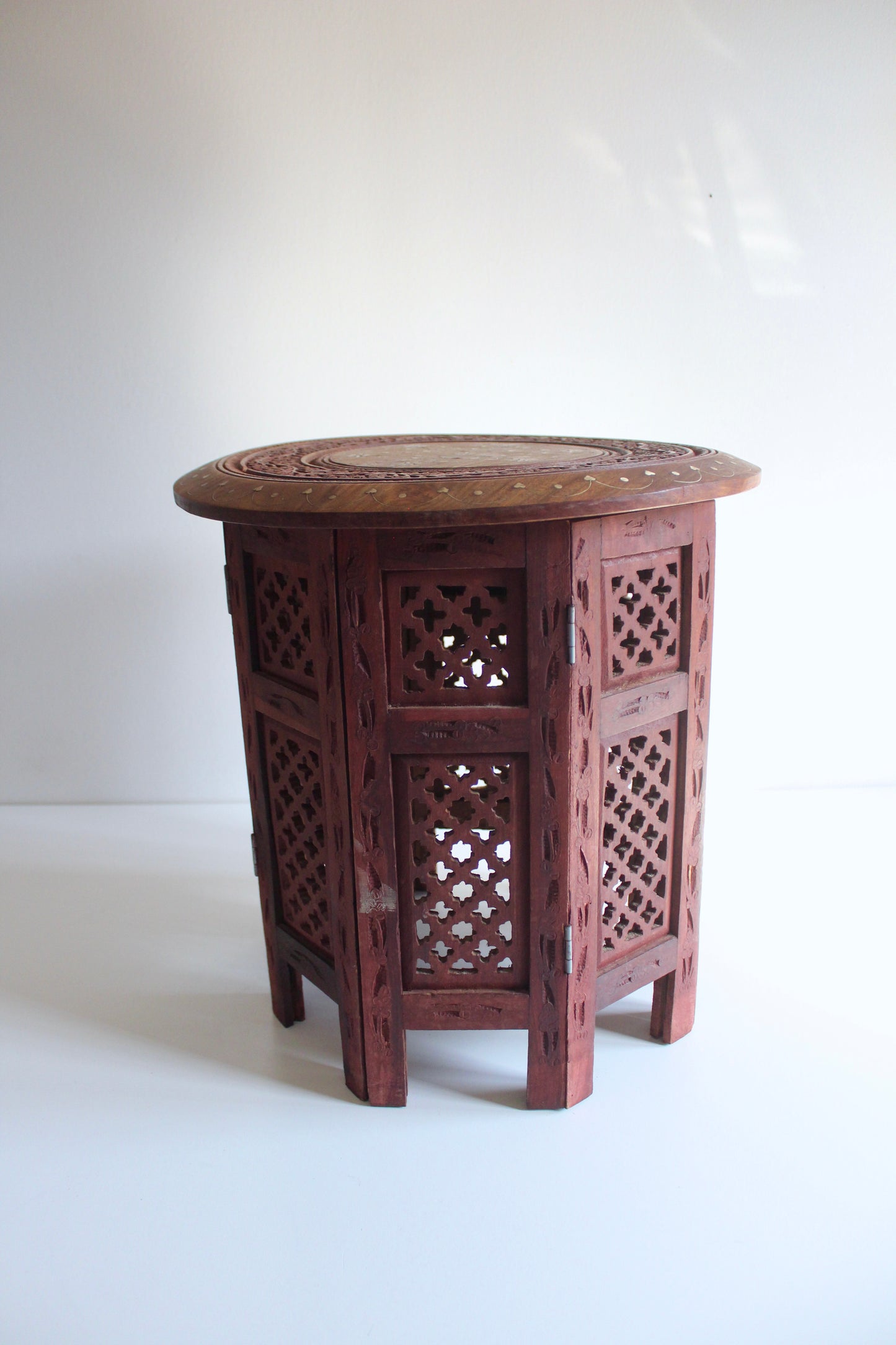 Vintage Hand-Carved Indian Folding Side Table with Inlay