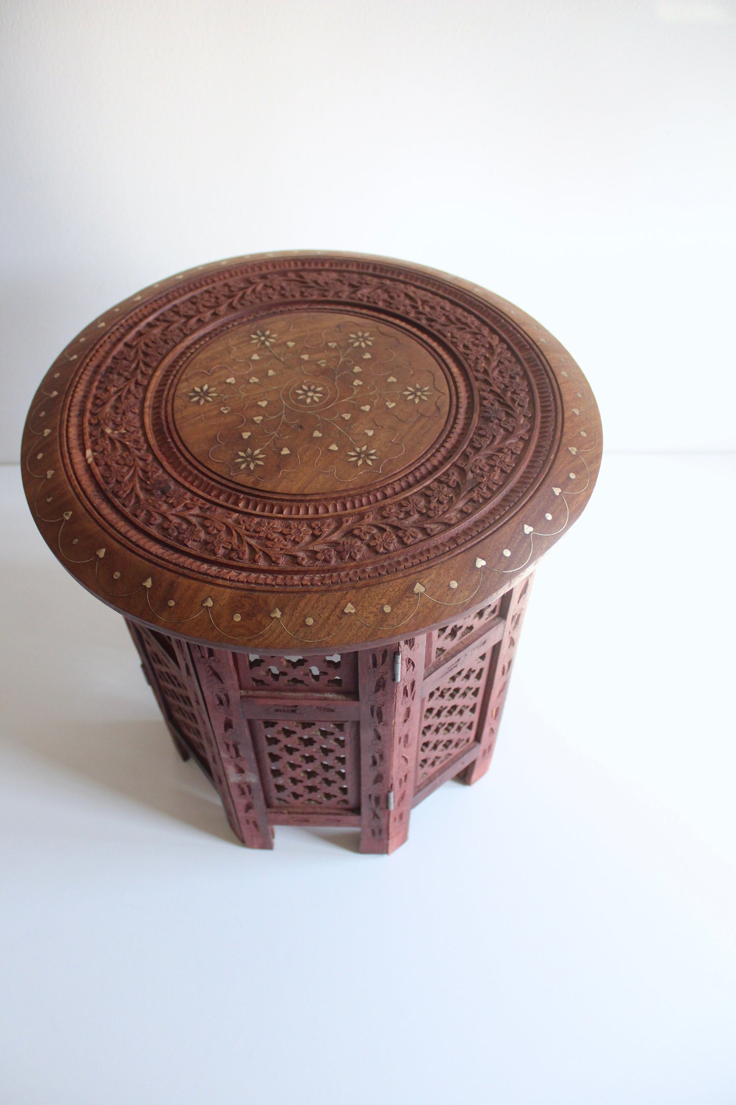 Vintage Hand-Carved Indian Folding Side Table with Inlay