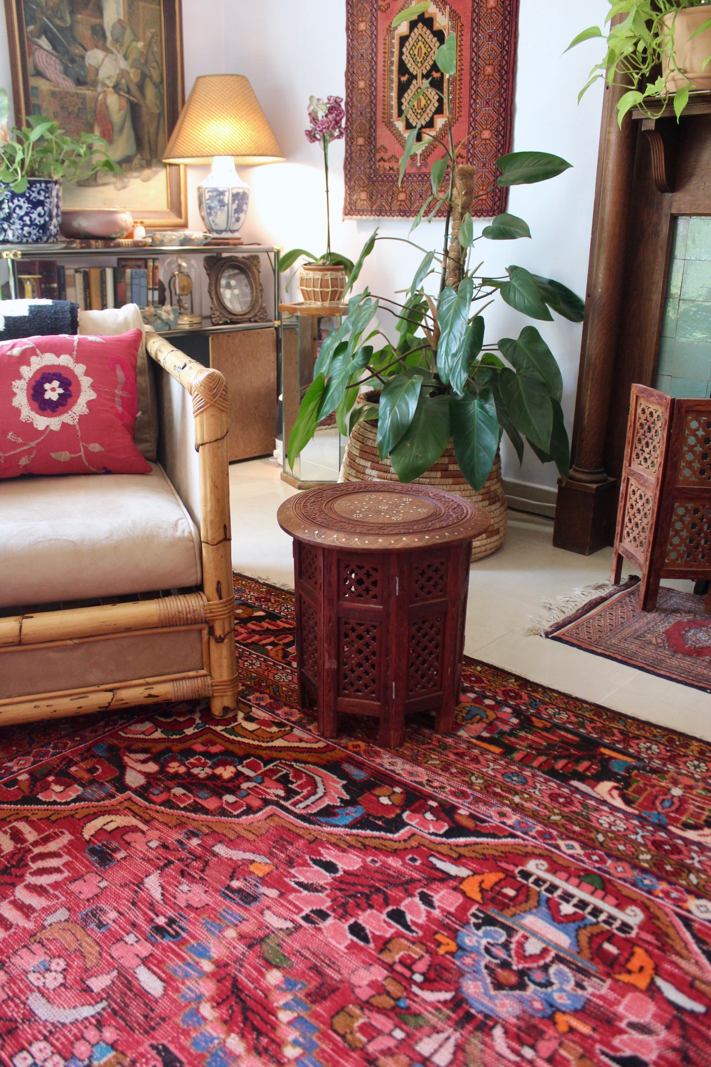 Vintage Hand-Carved Indian Folding Side Table with Inlay
