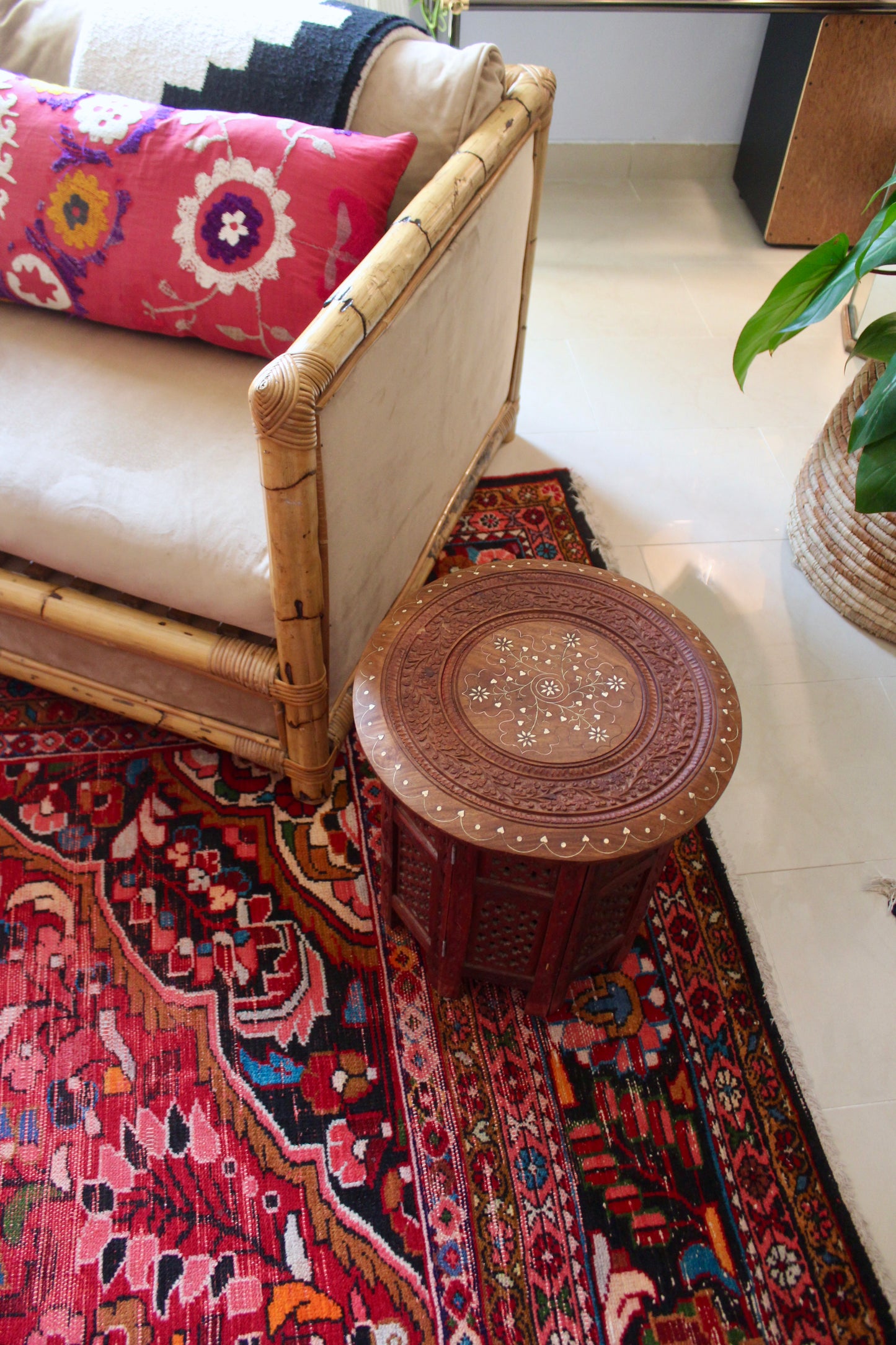 Vintage Hand-Carved Indian Folding Side Table with Inlay