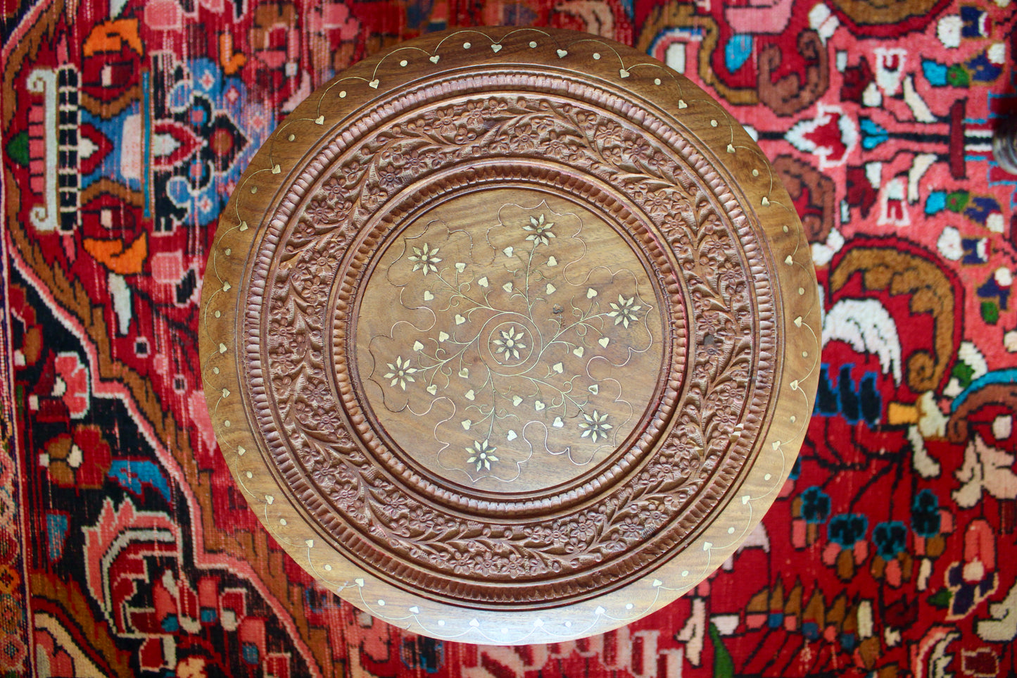Vintage Hand-Carved Indian Folding Side Table with Inlay
