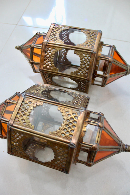 Pair of Vintage Glass and Brass Lanterns