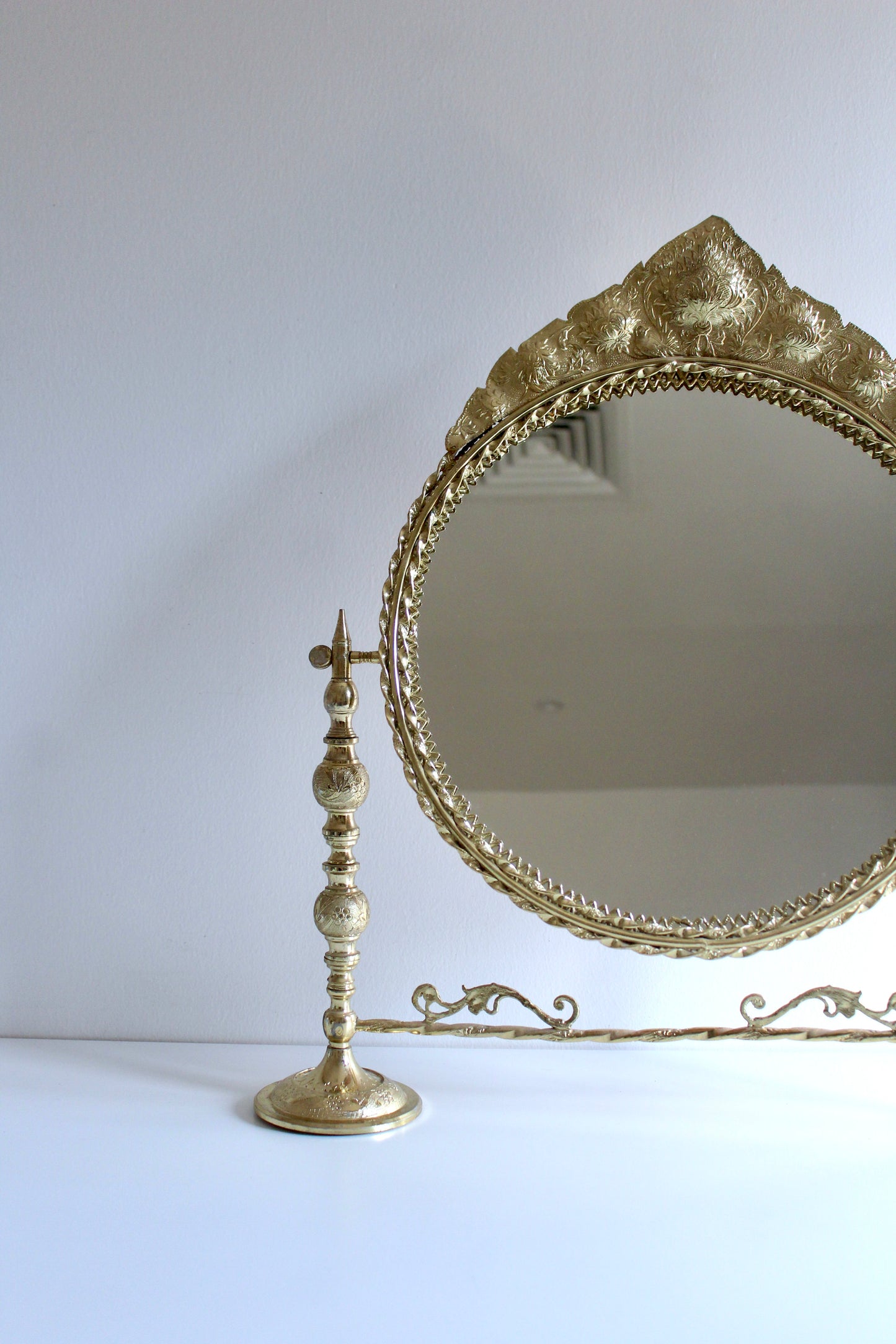 Vintage Persian Engraved Brass Vanity Mirror – 54 × 60cm
