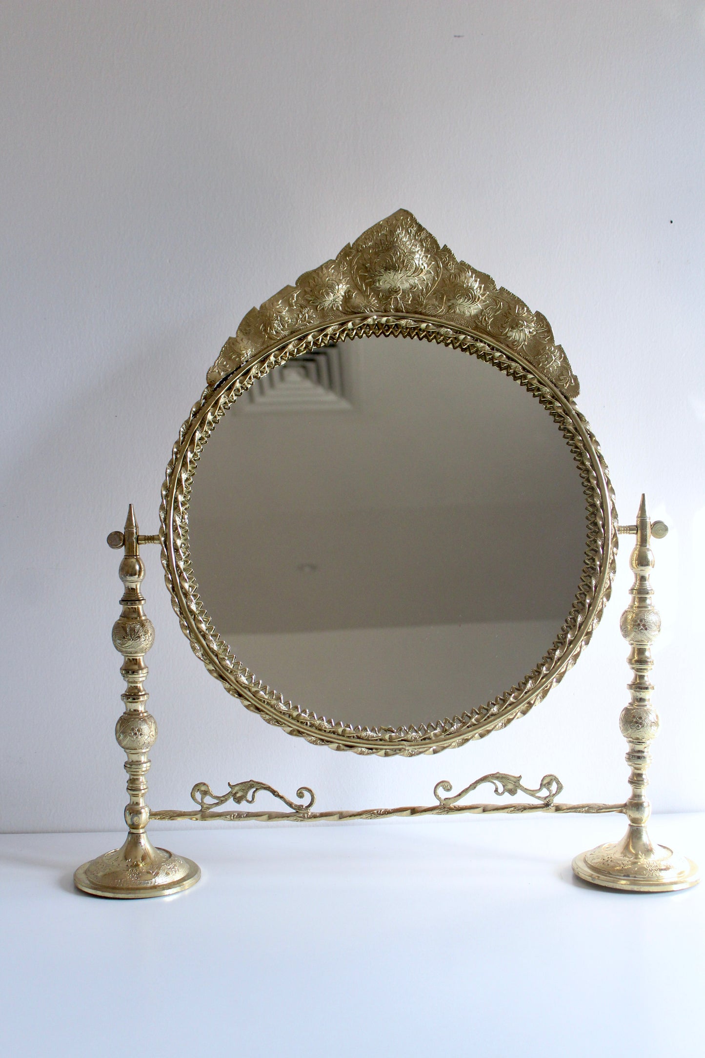 Vintage Persian Engraved Brass Vanity Mirror – 54 × 60cm