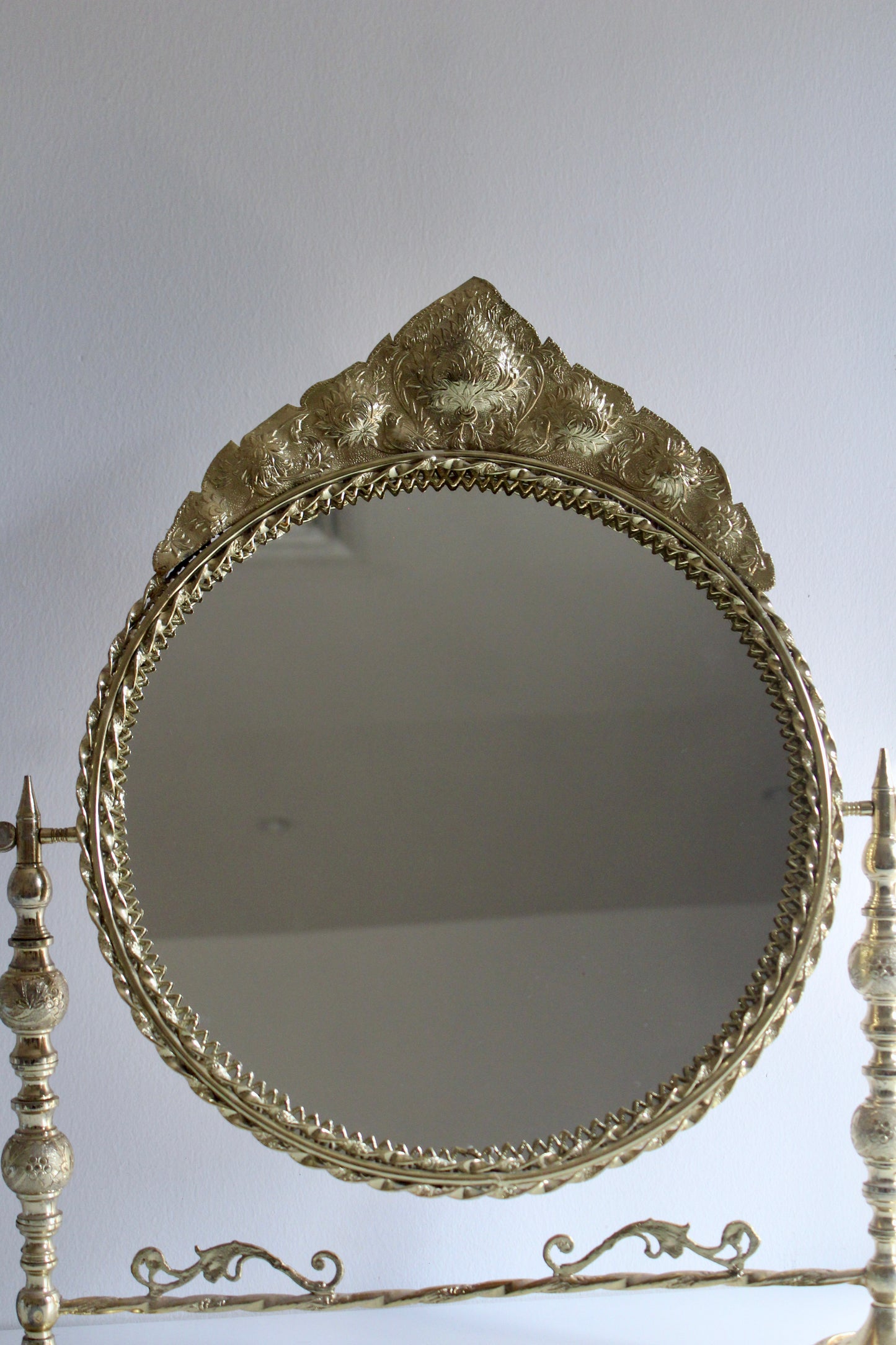 Vintage Persian Engraved Brass Vanity Mirror – 54 × 60cm