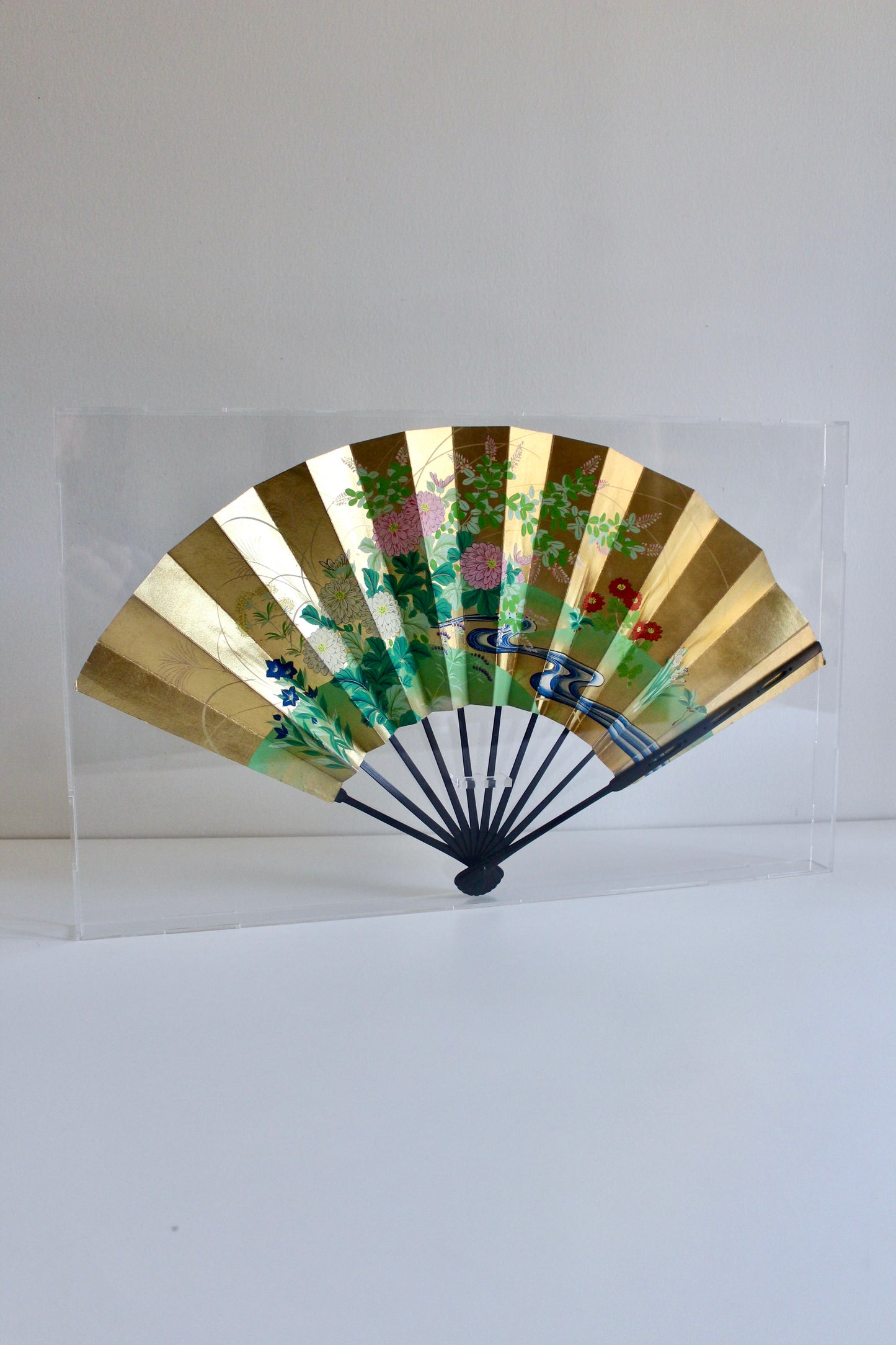 Vintage Japanese Gilded Floral Folding Fan in Acrylic Display Case – 35 × 57cm