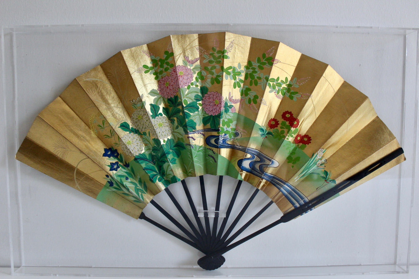 Vintage Japanese Gilded Floral Folding Fan in Acrylic Display Case – 35 × 57cm