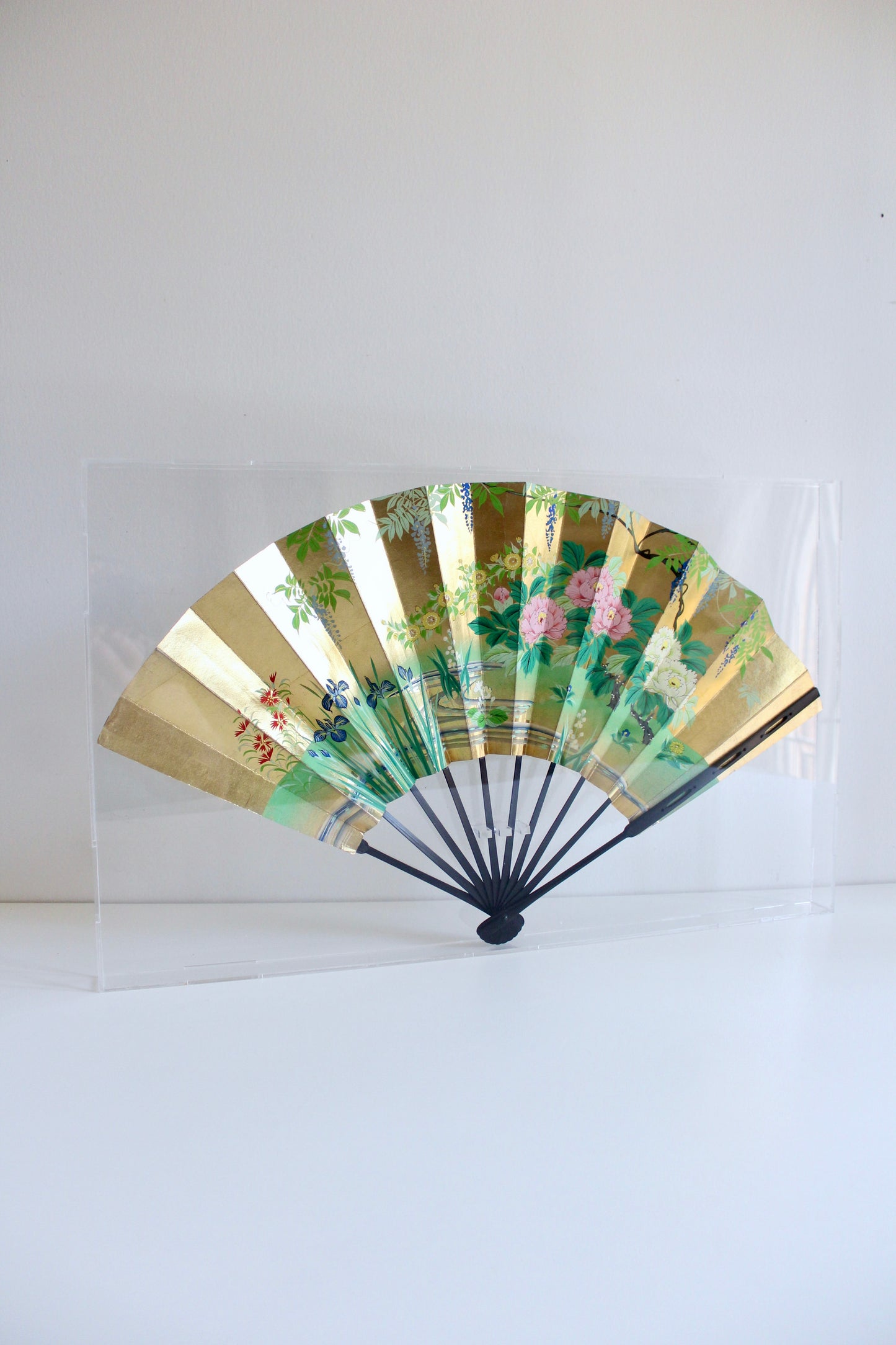 Vintage Japanese Gilded Floral Folding Fan in Acrylic Display Case – 35 × 57cm