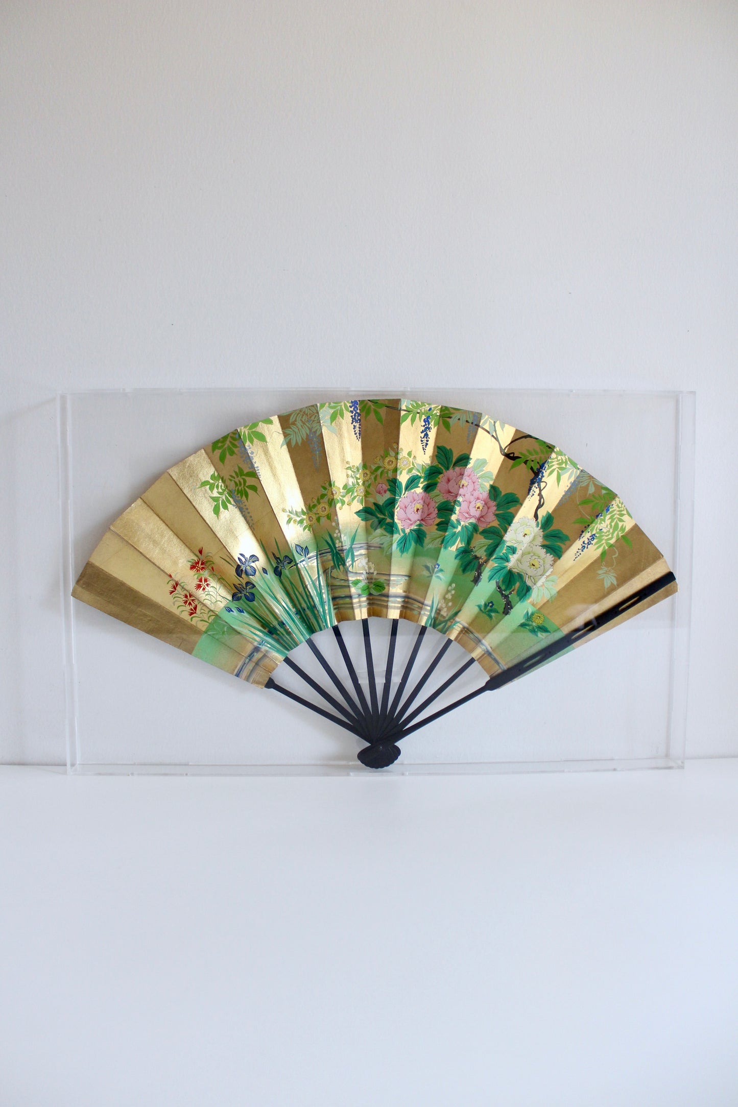 Vintage Japanese Gilded Floral Folding Fan in Acrylic Display Case – 35 × 57cm