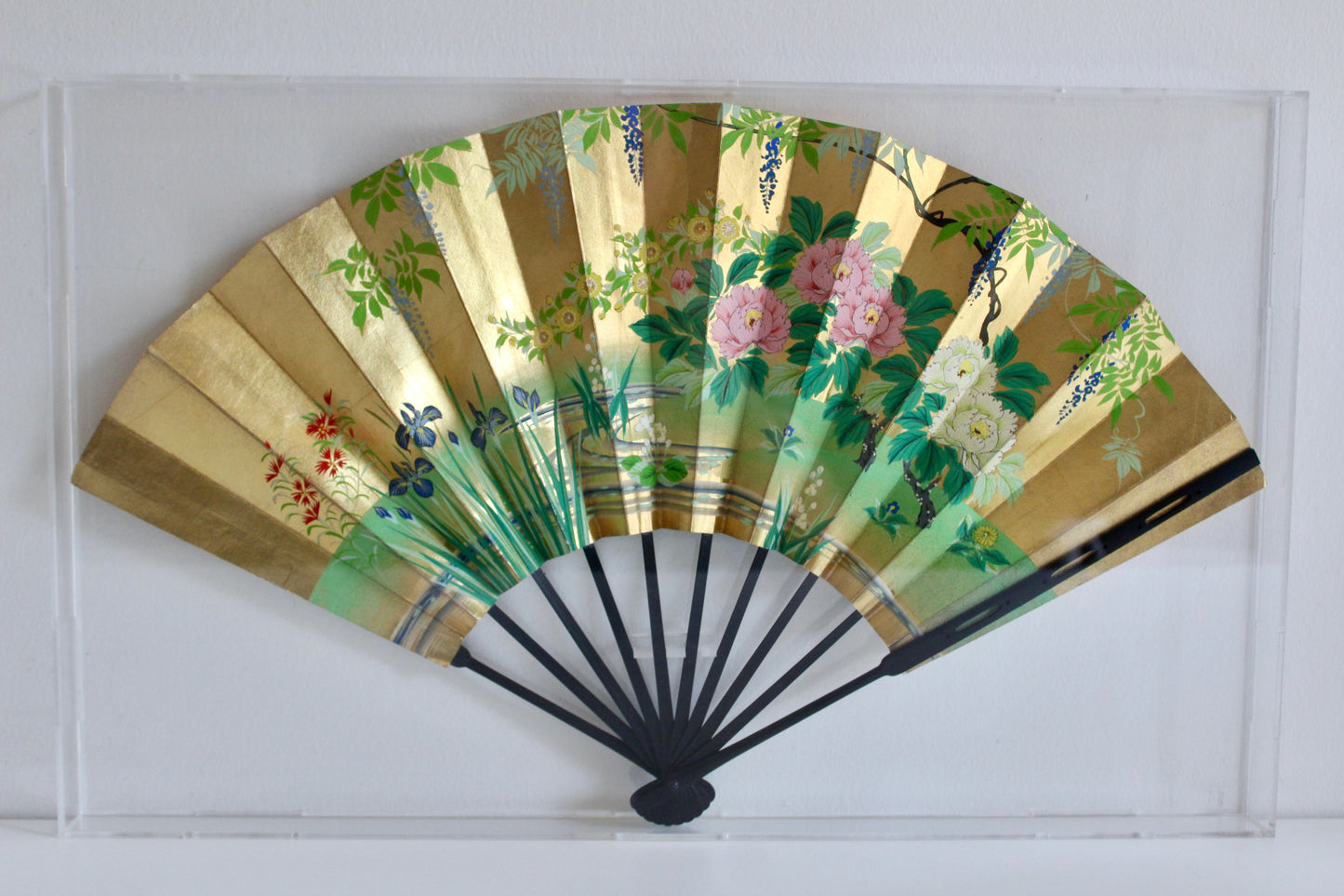Vintage Japanese Gilded Floral Folding Fan in Acrylic Display Case – 35 × 57cm