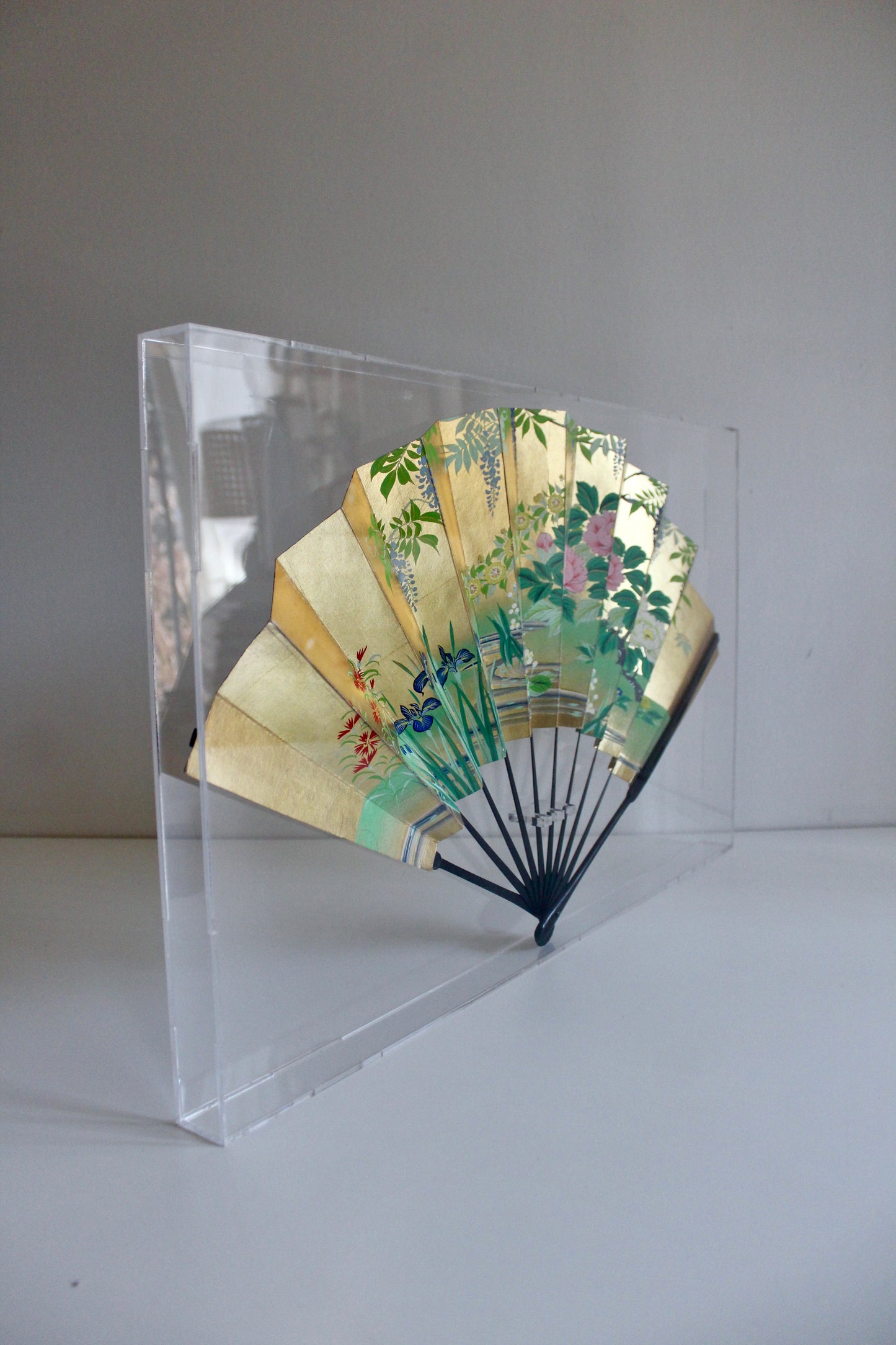 Vintage Japanese Gilded Floral Folding Fan in Acrylic Display Case – 35 × 57cm