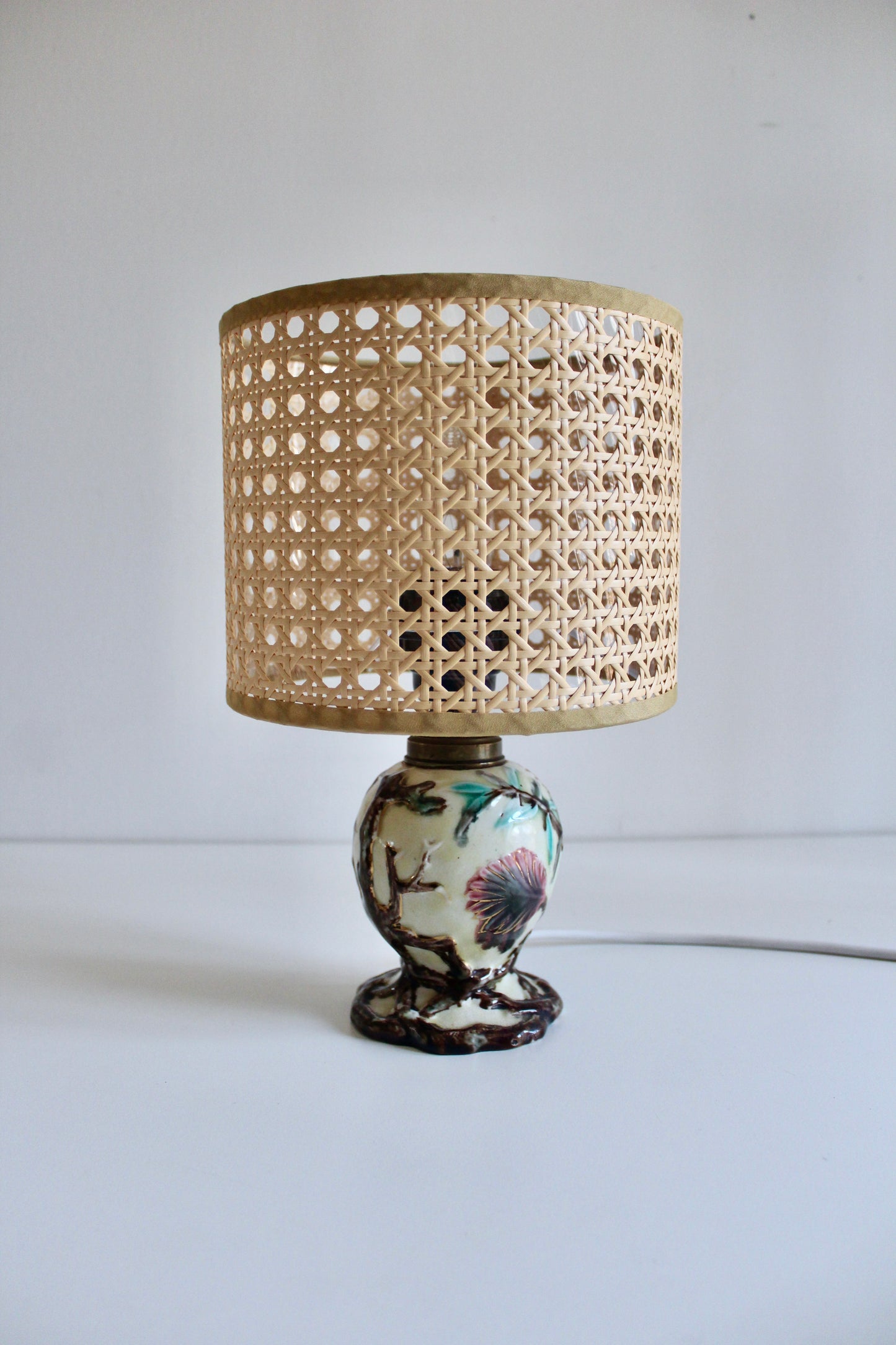 Vintage Floral Ceramic Table Lamp with Cane Shade