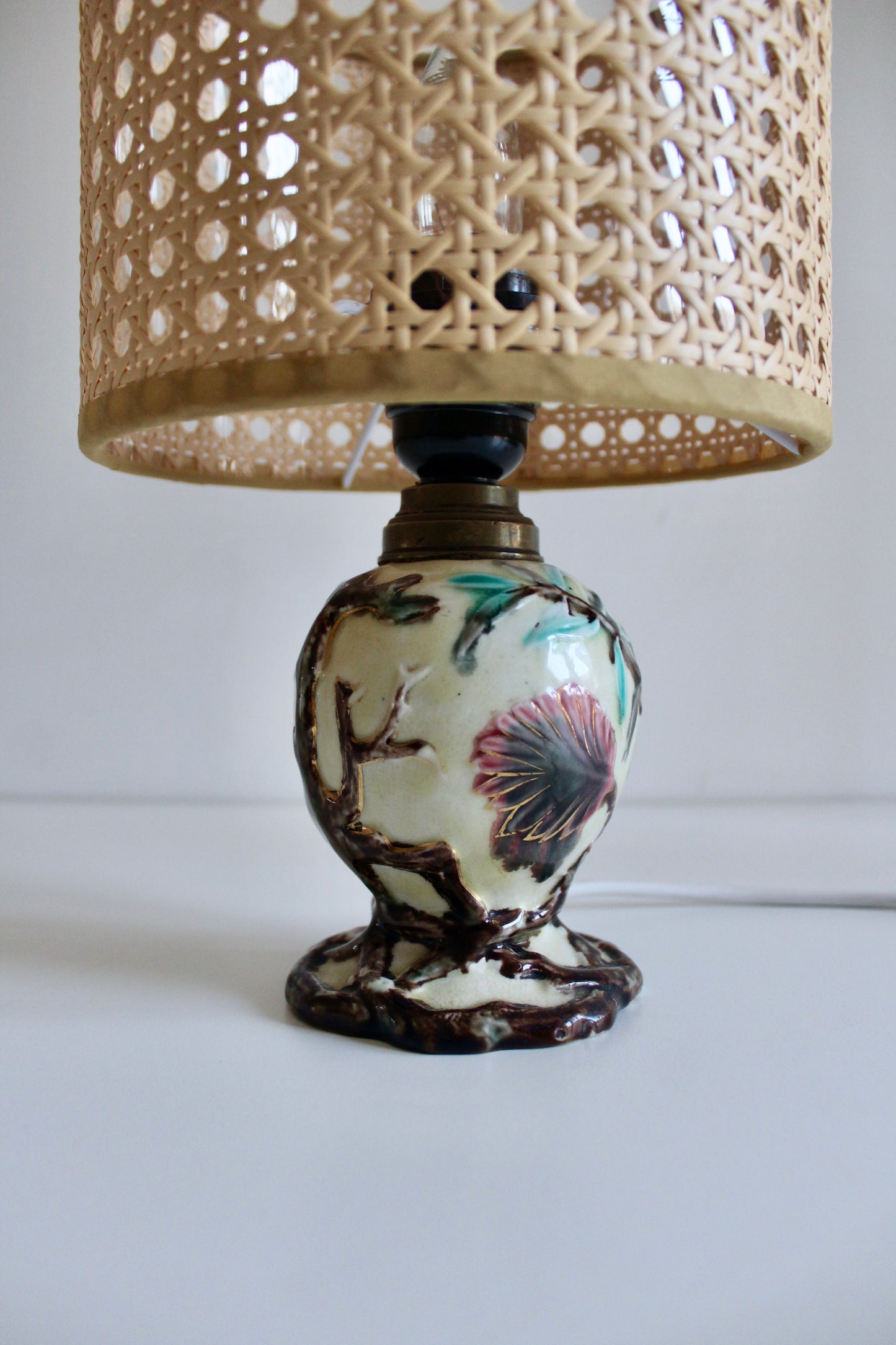 Vintage Floral Ceramic Table Lamp with Cane Shade