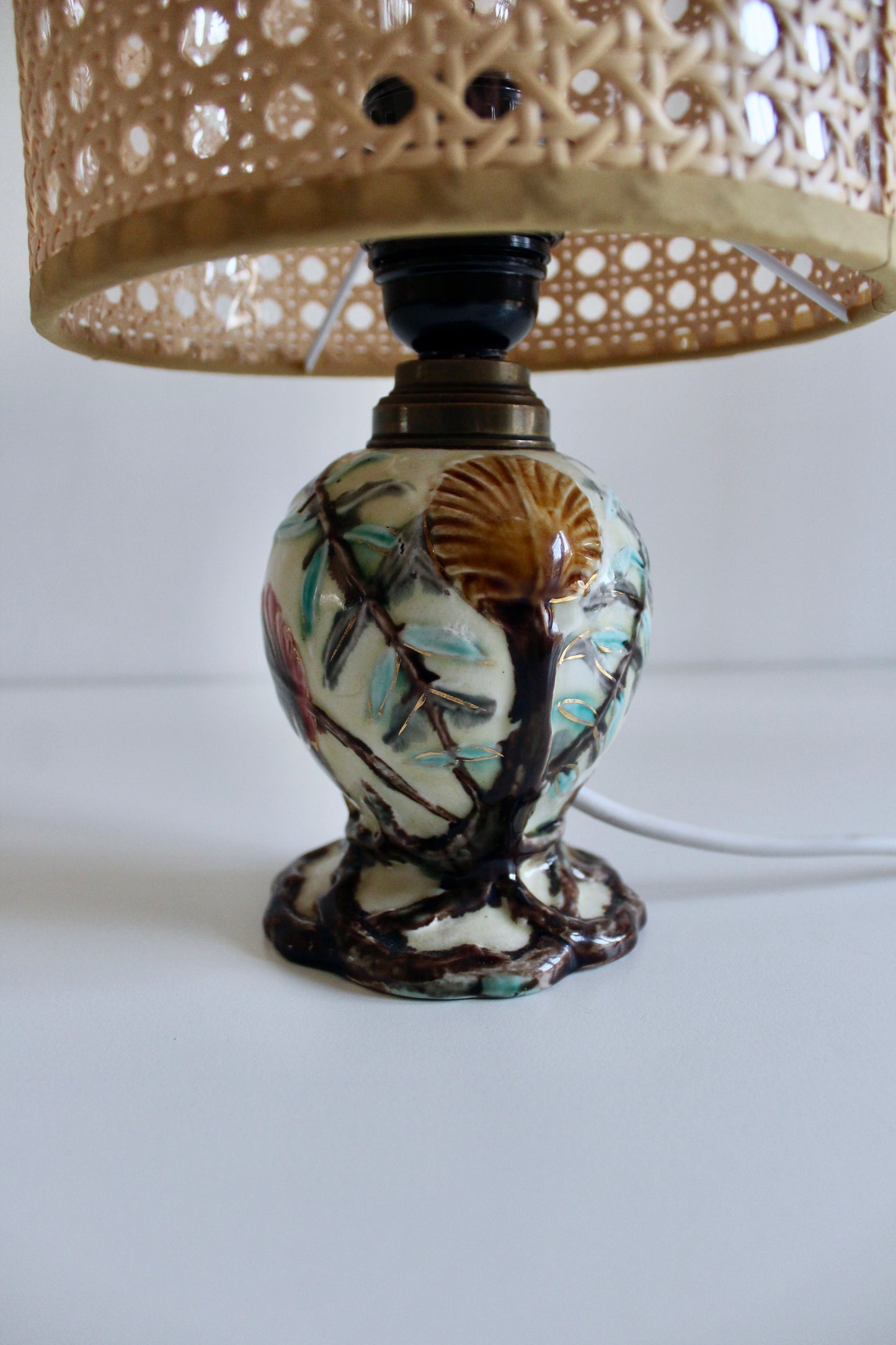 Vintage Floral Ceramic Table Lamp with Cane Shade