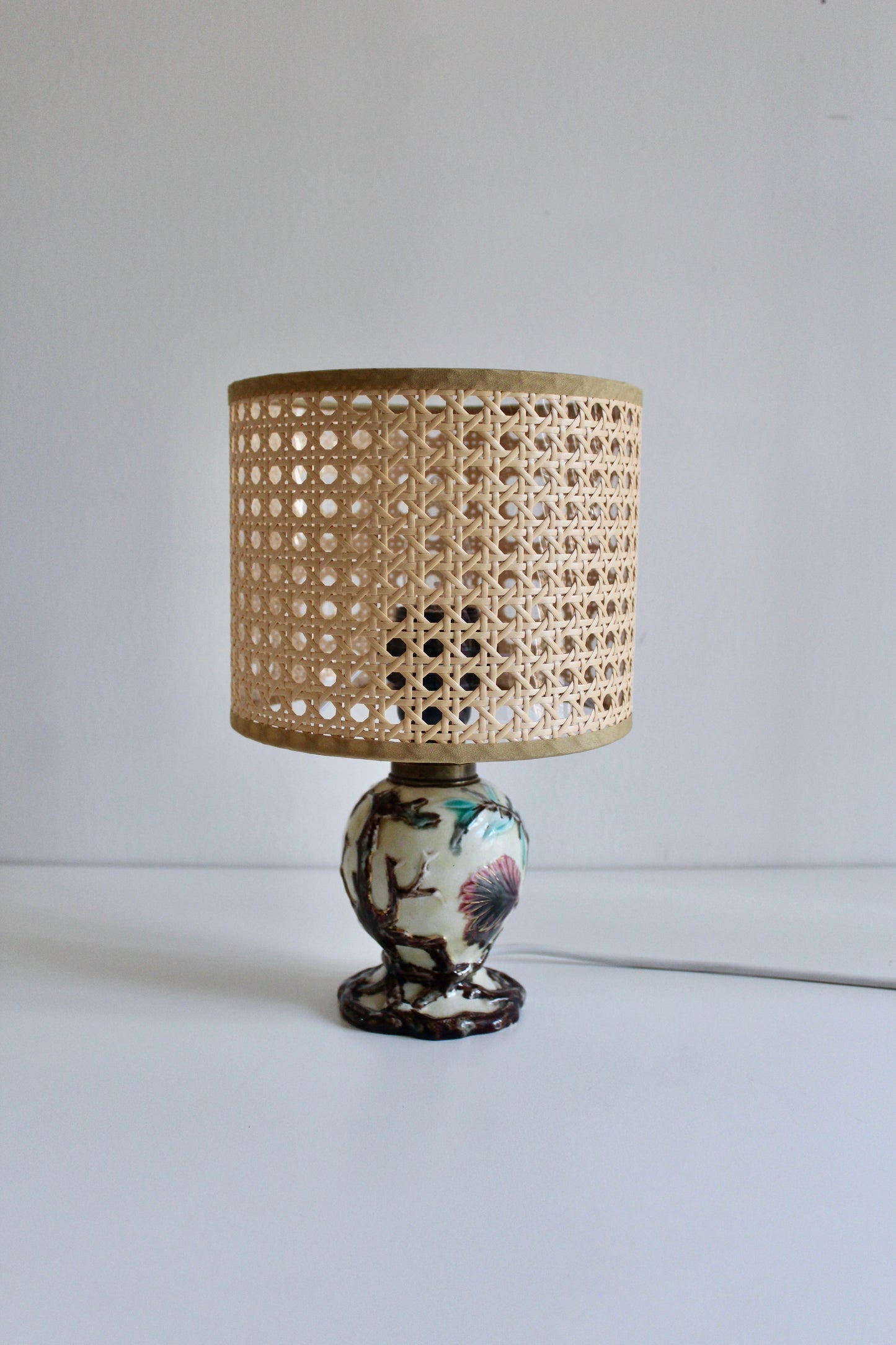 Vintage Floral Ceramic Table Lamp with Cane Shade